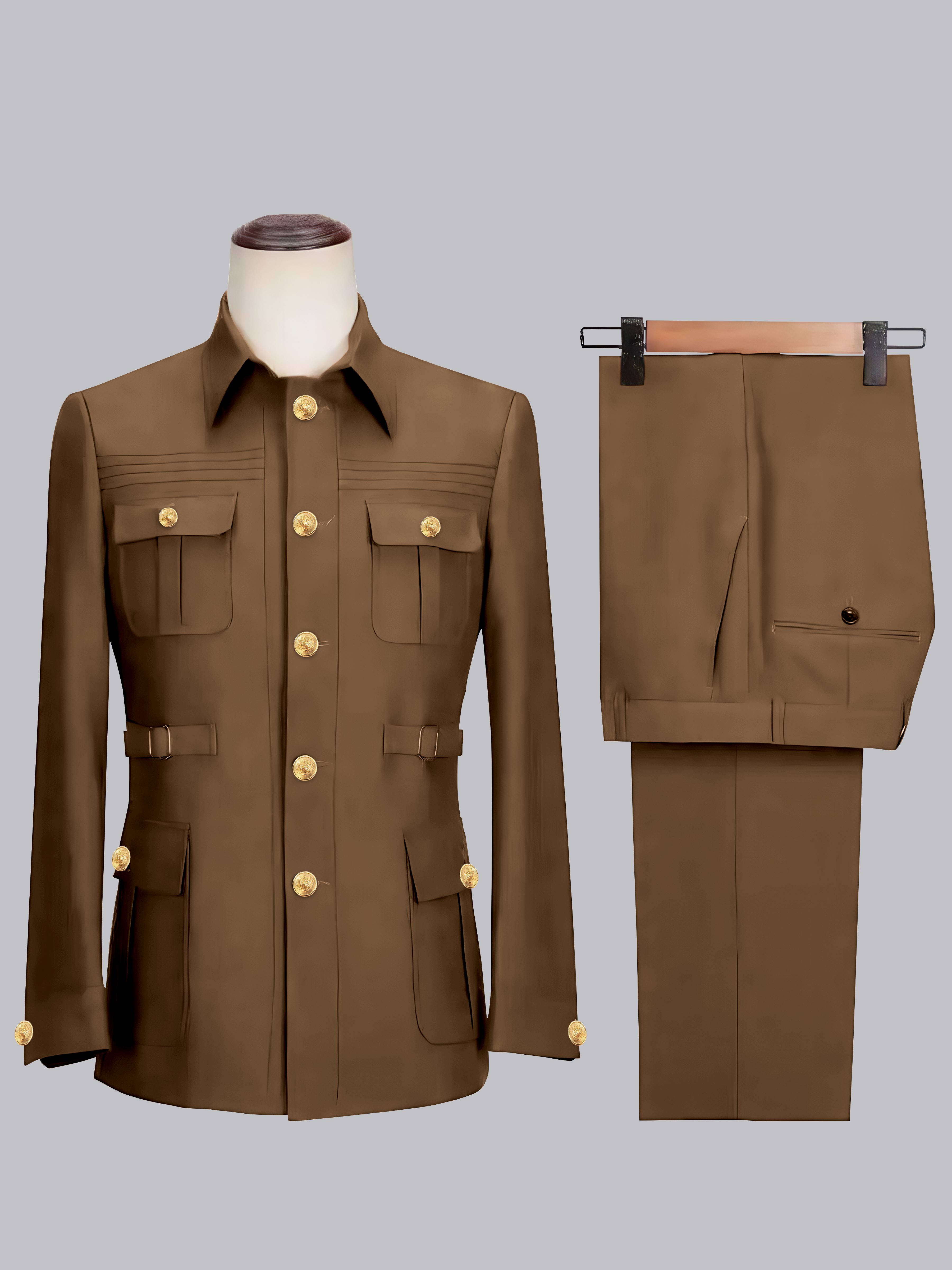 Costume Safari Homme Ceinturé À Un Bouton 2 Pièces Décontracté Chic