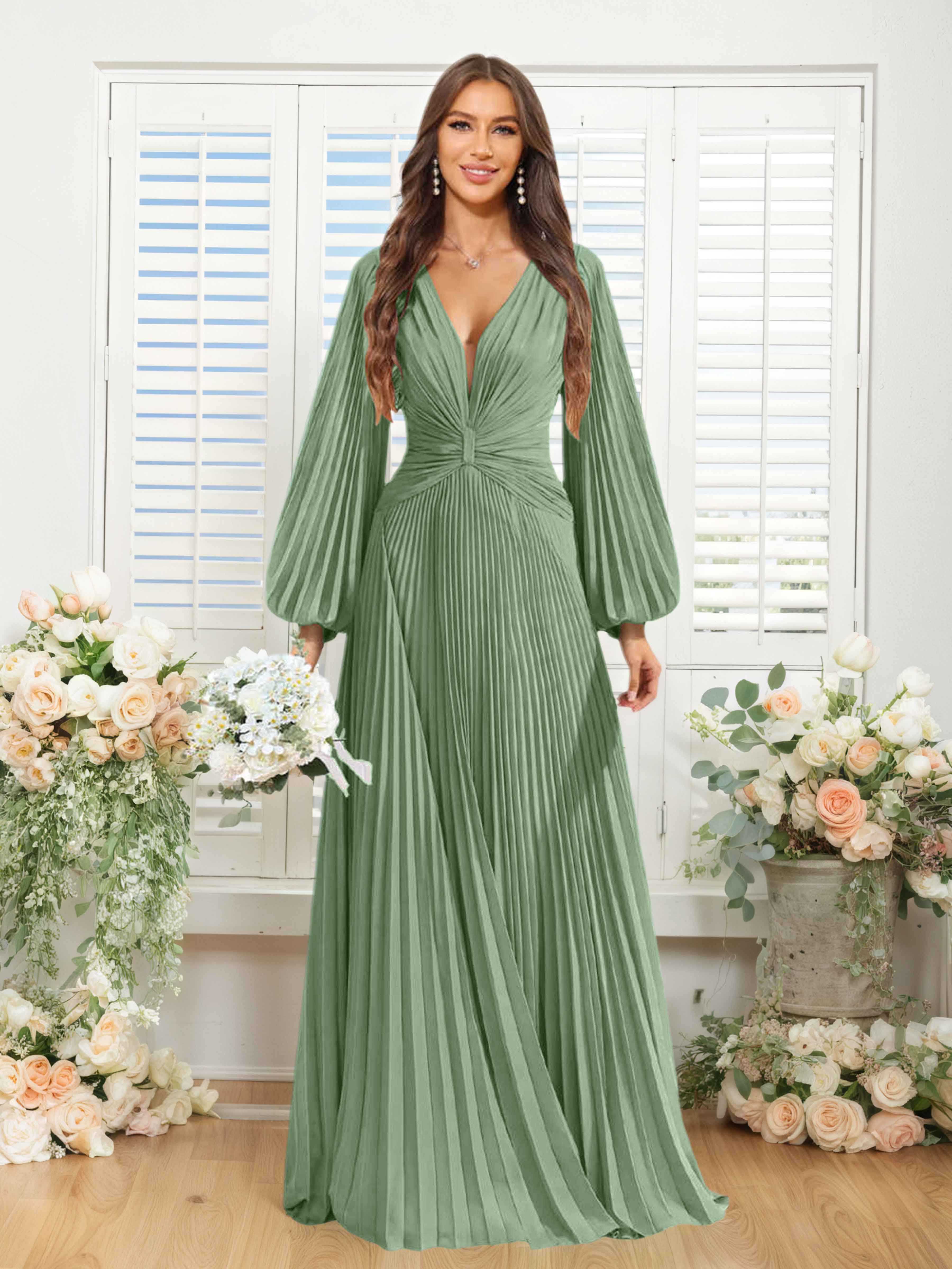 Robes De Demoiselle D'Honneur En Mousseline À Col V Ruché Longue Nerys