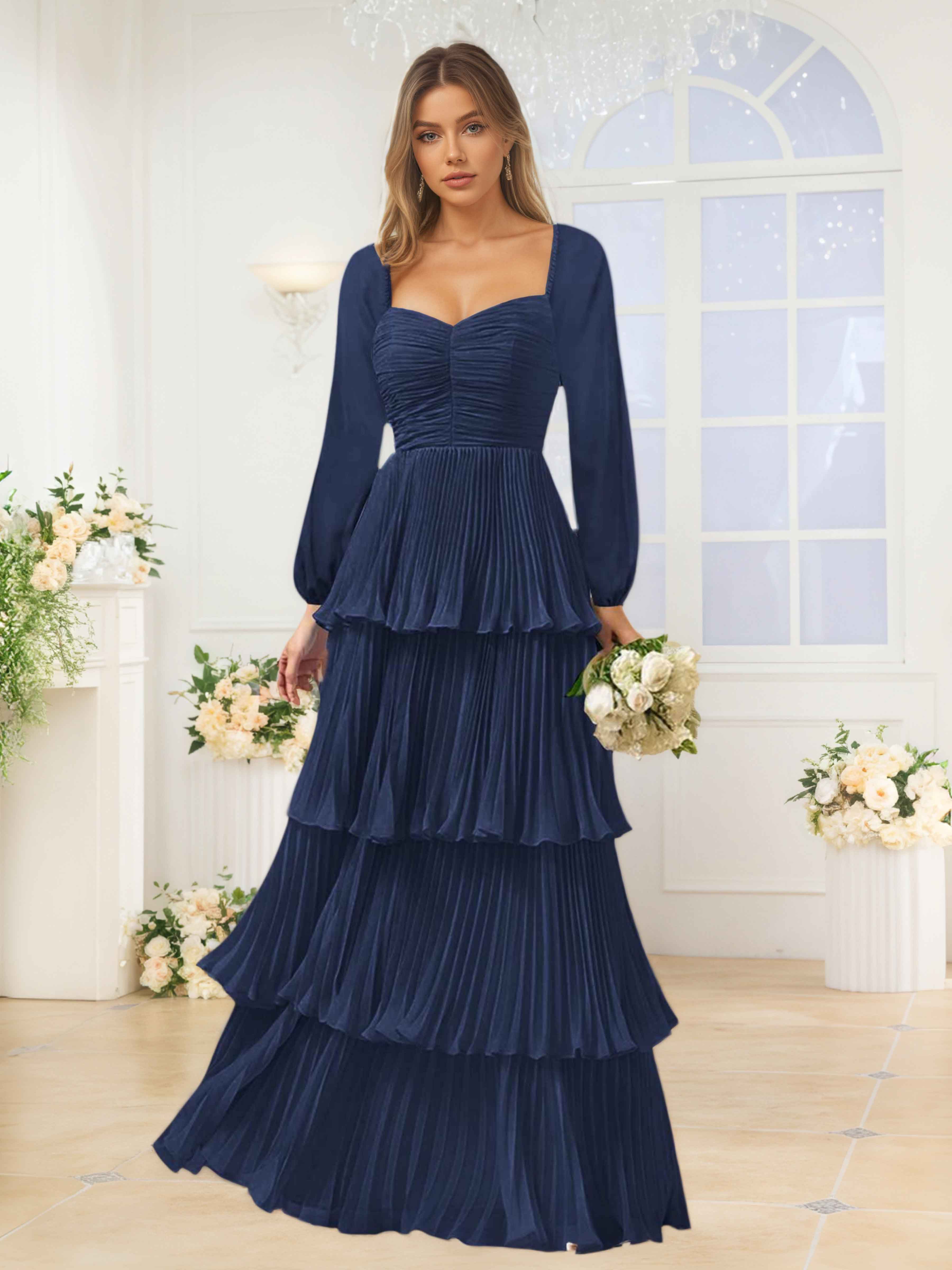 Robes De Demoiselle D'Honneur En Mousseline À Manches Longues Plissé Eirwen