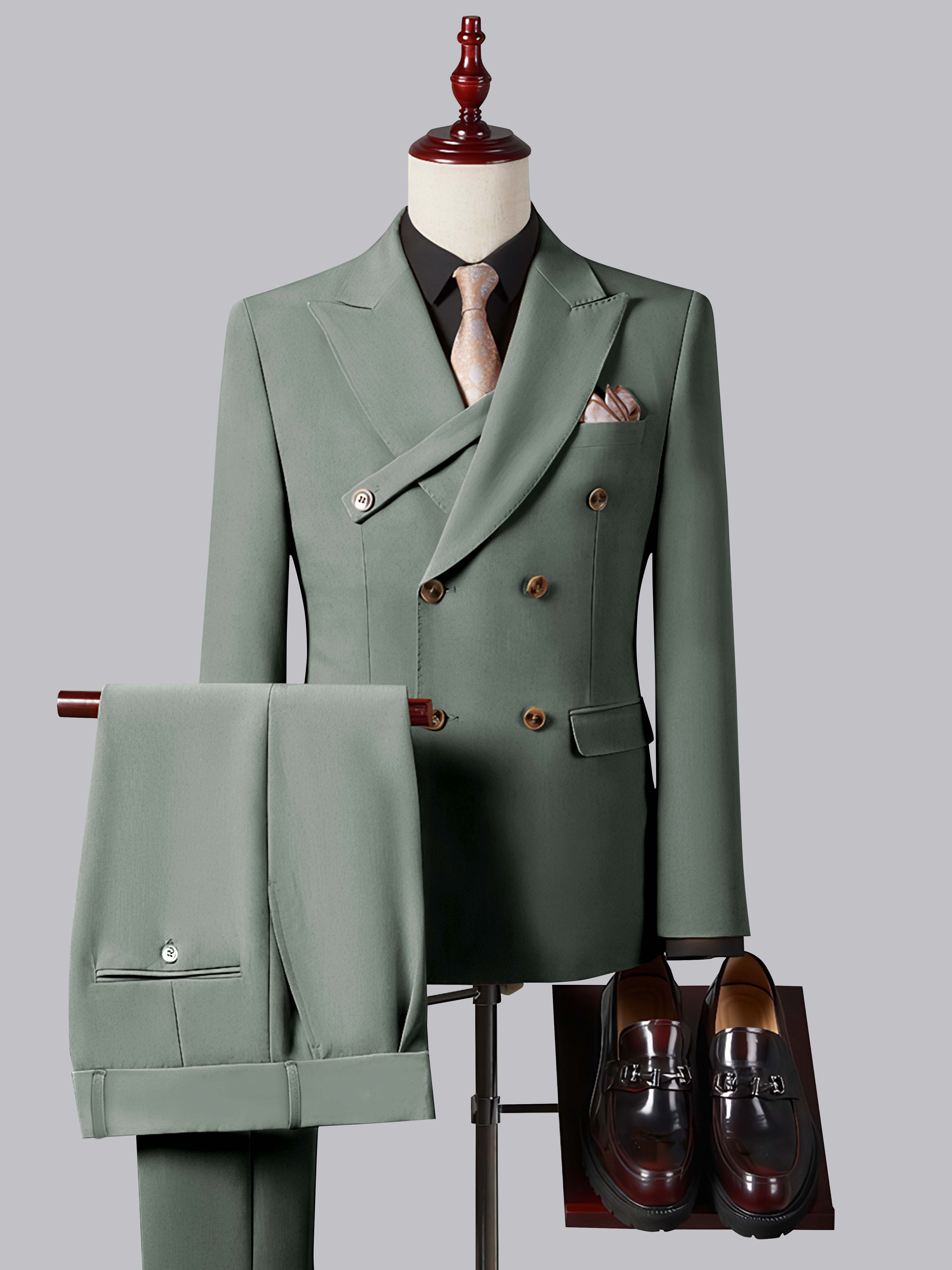 Costume Homme Ajusté Élégant Double Boutonnage Ceinturé À Revers Pointus 2 Pièces