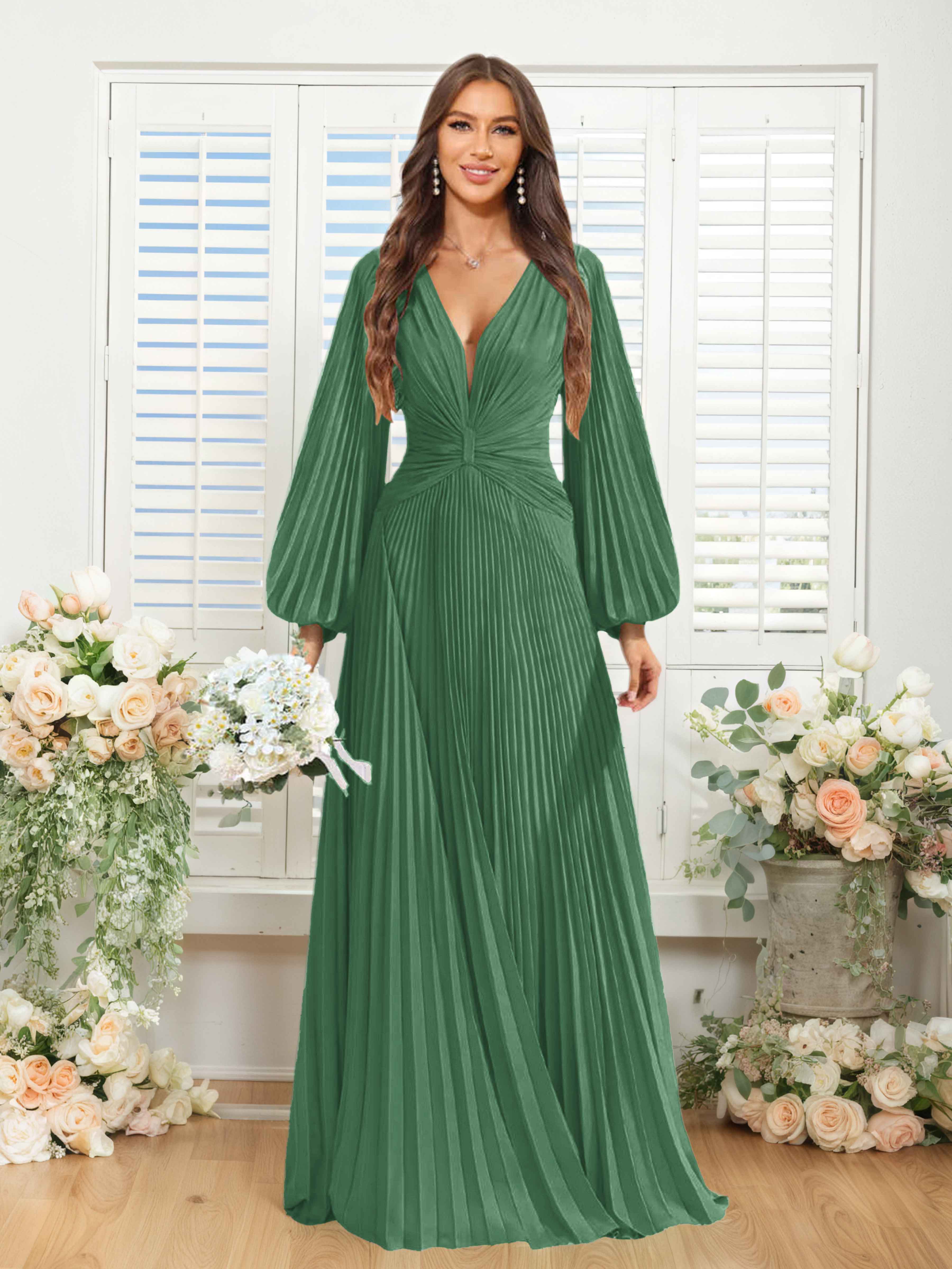 Robes De Demoiselle D'Honneur En Mousseline À Col V Ruché Longue Nerys