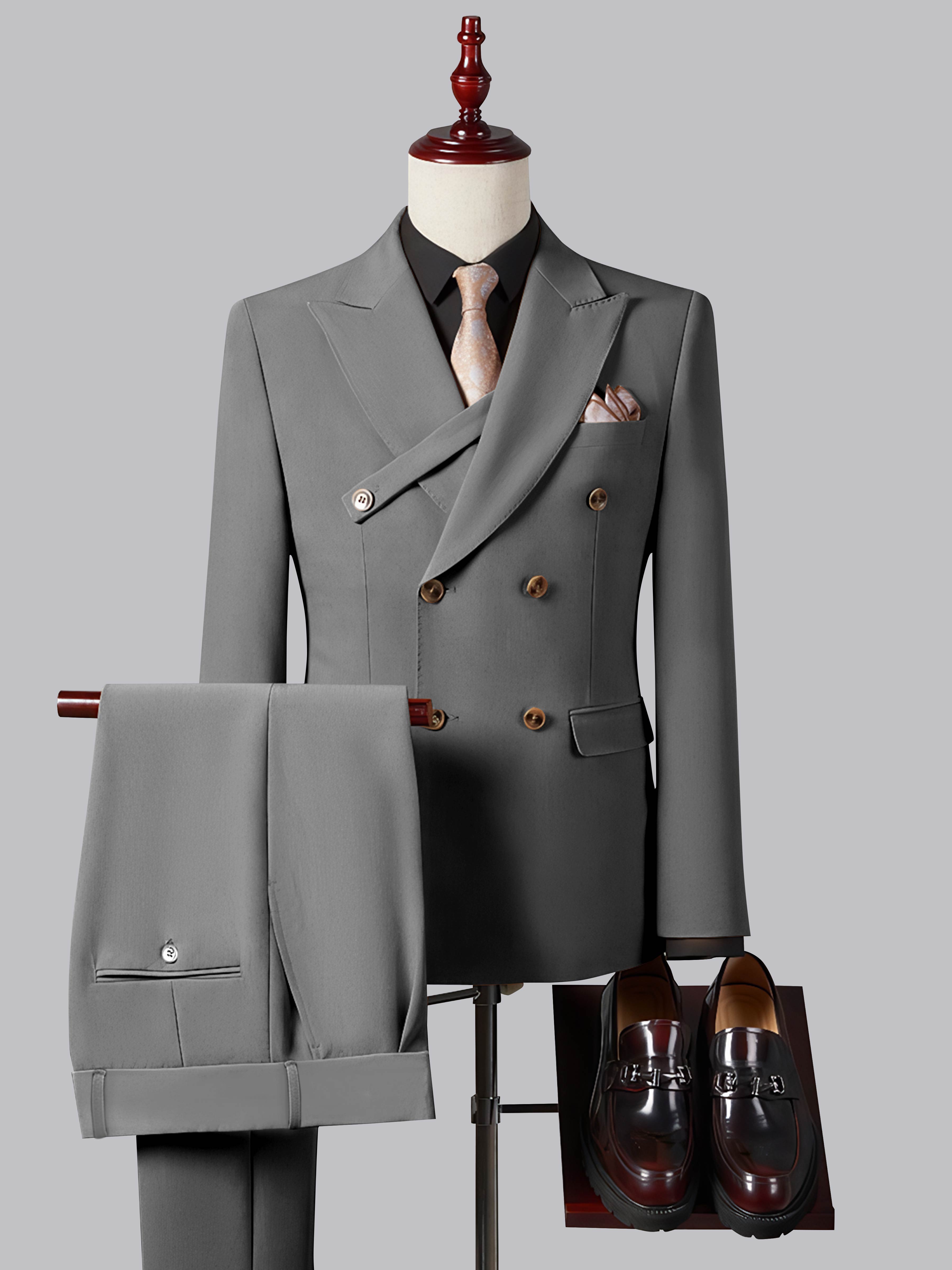 Costume Homme Ajusté Élégant Double Boutonnage Ceinturé À Revers Pointus 2 Pièces