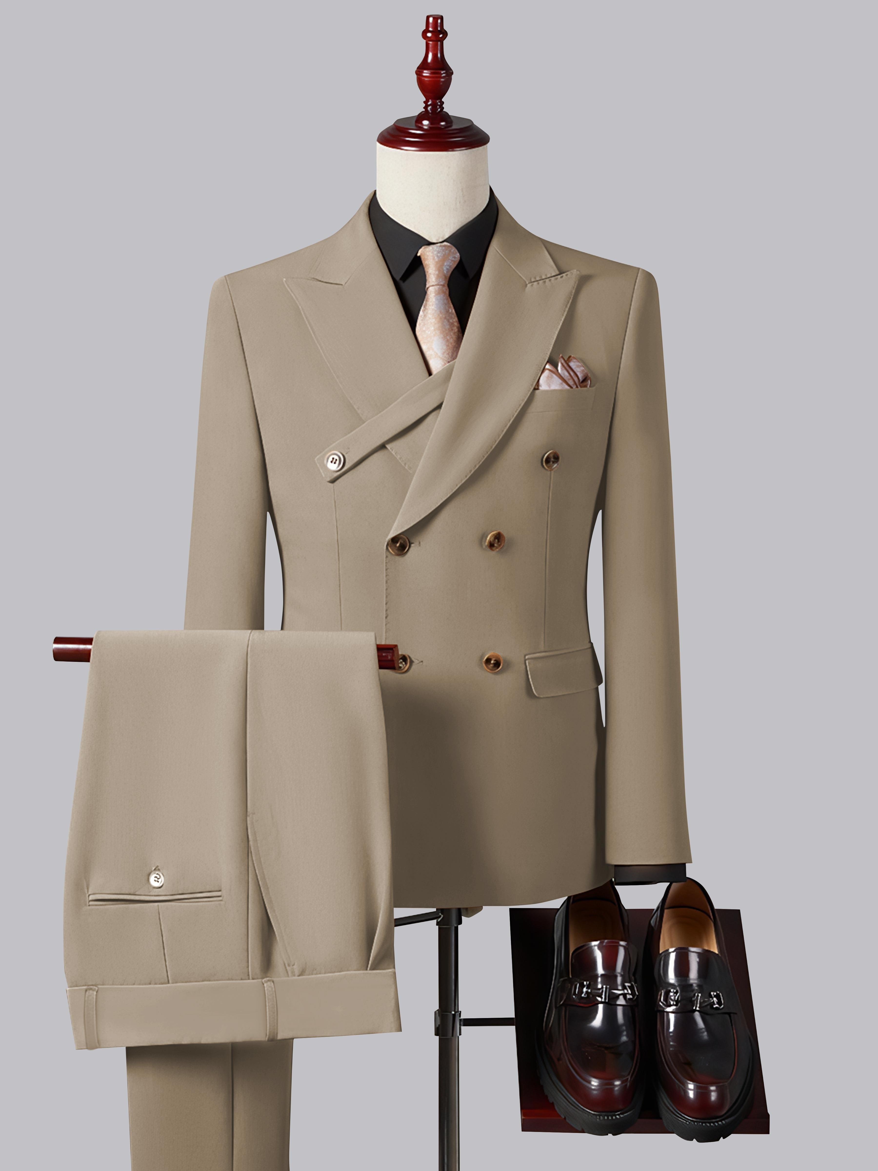 Costume Homme Ajusté Élégant Double Boutonnage Ceinturé À Revers Pointus 2 Pièces