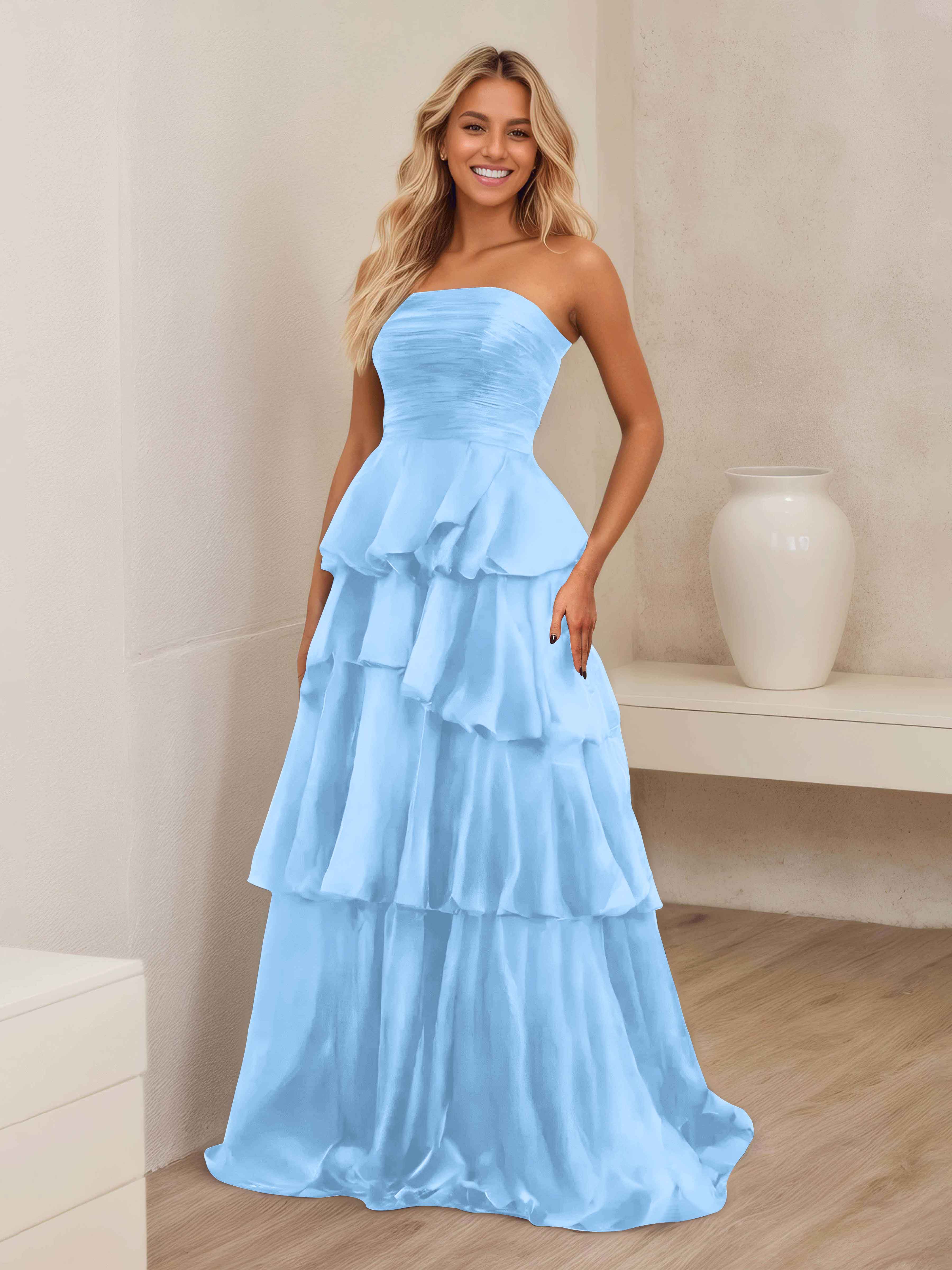 Robe De Soirée En Satin À Ruché Sans Bretelles Multicouche Ellianna