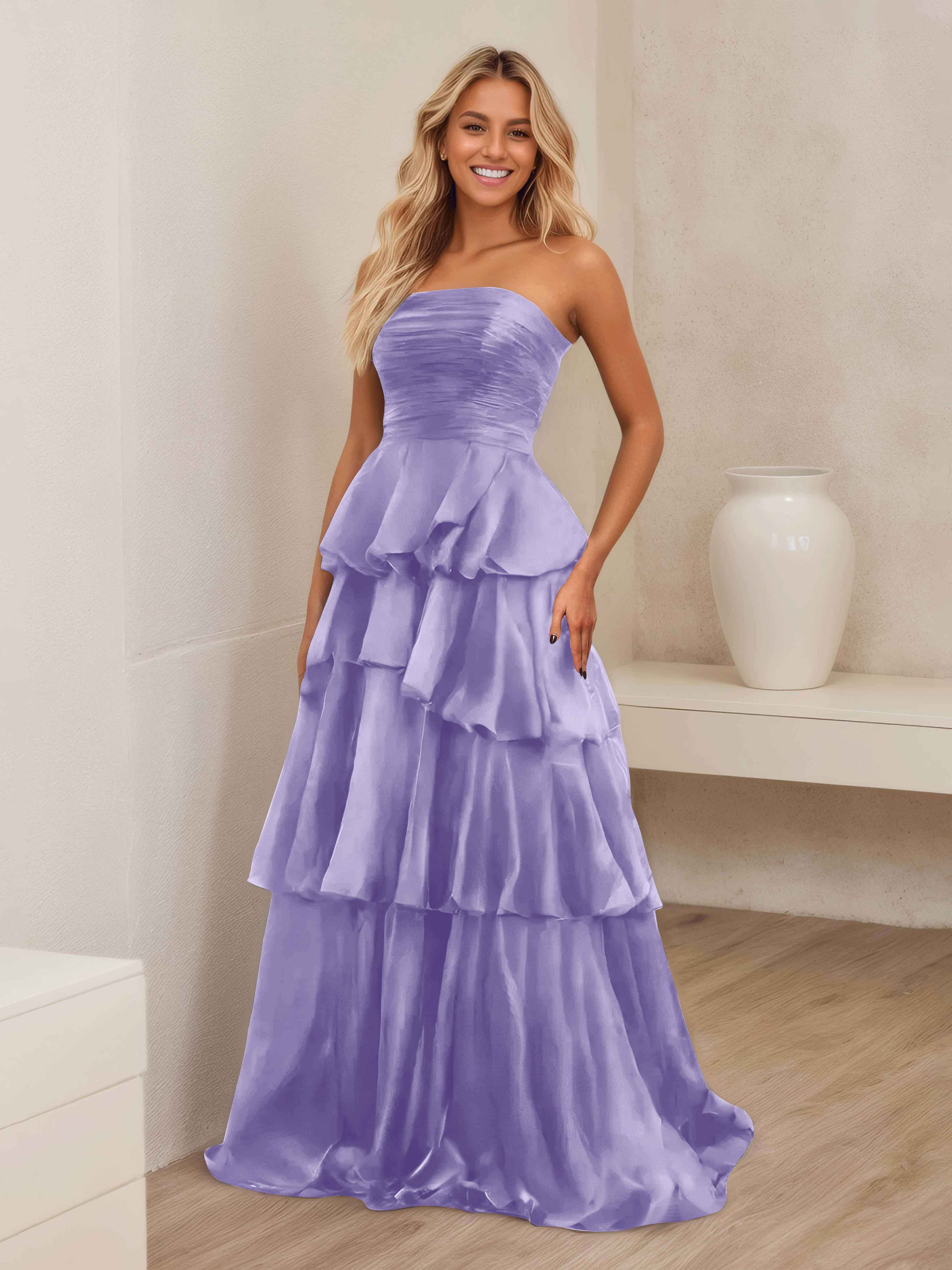 Robe De Soirée En Satin À Ruché Sans Bretelles Multicouche Ellianna