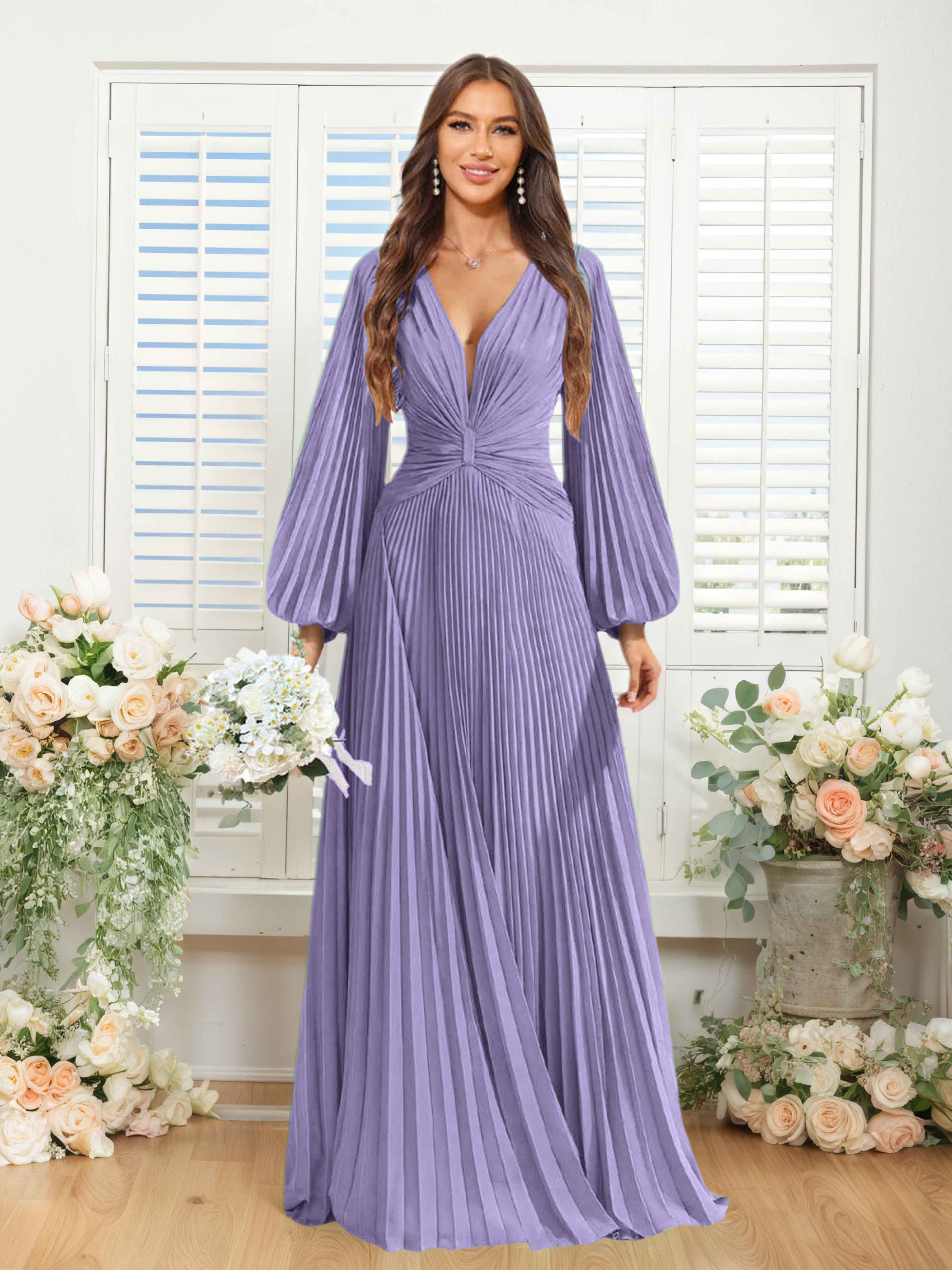 Robes De Demoiselle D'Honneur En Mousseline À Col V Ruché Longue Nerys