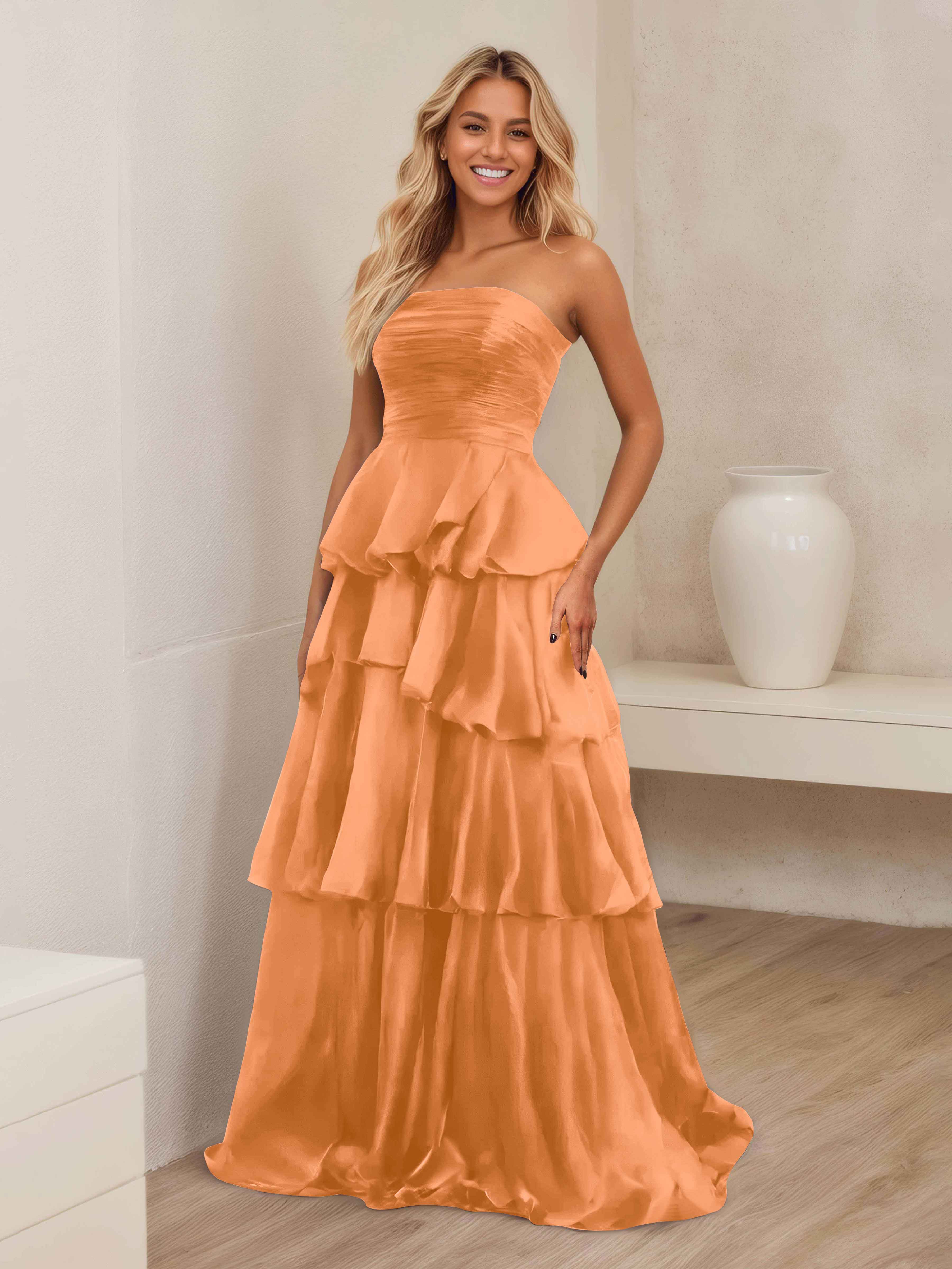 Robe De Soirée En Satin À Ruché Sans Bretelles Multicouche Ellianna