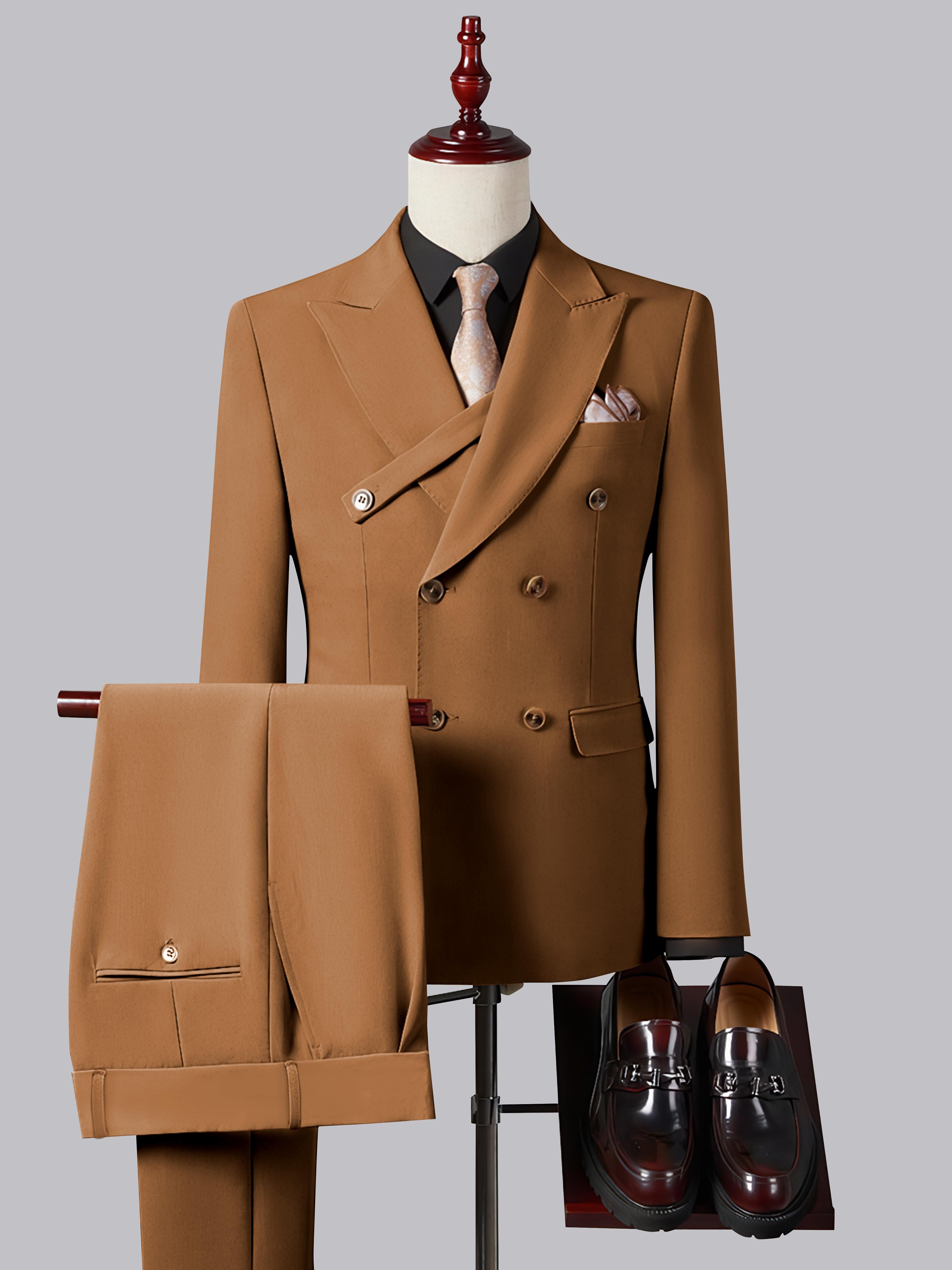 Costume Homme Ajusté Élégant Double Boutonnage Ceinturé À Revers Pointus 2 Pièces