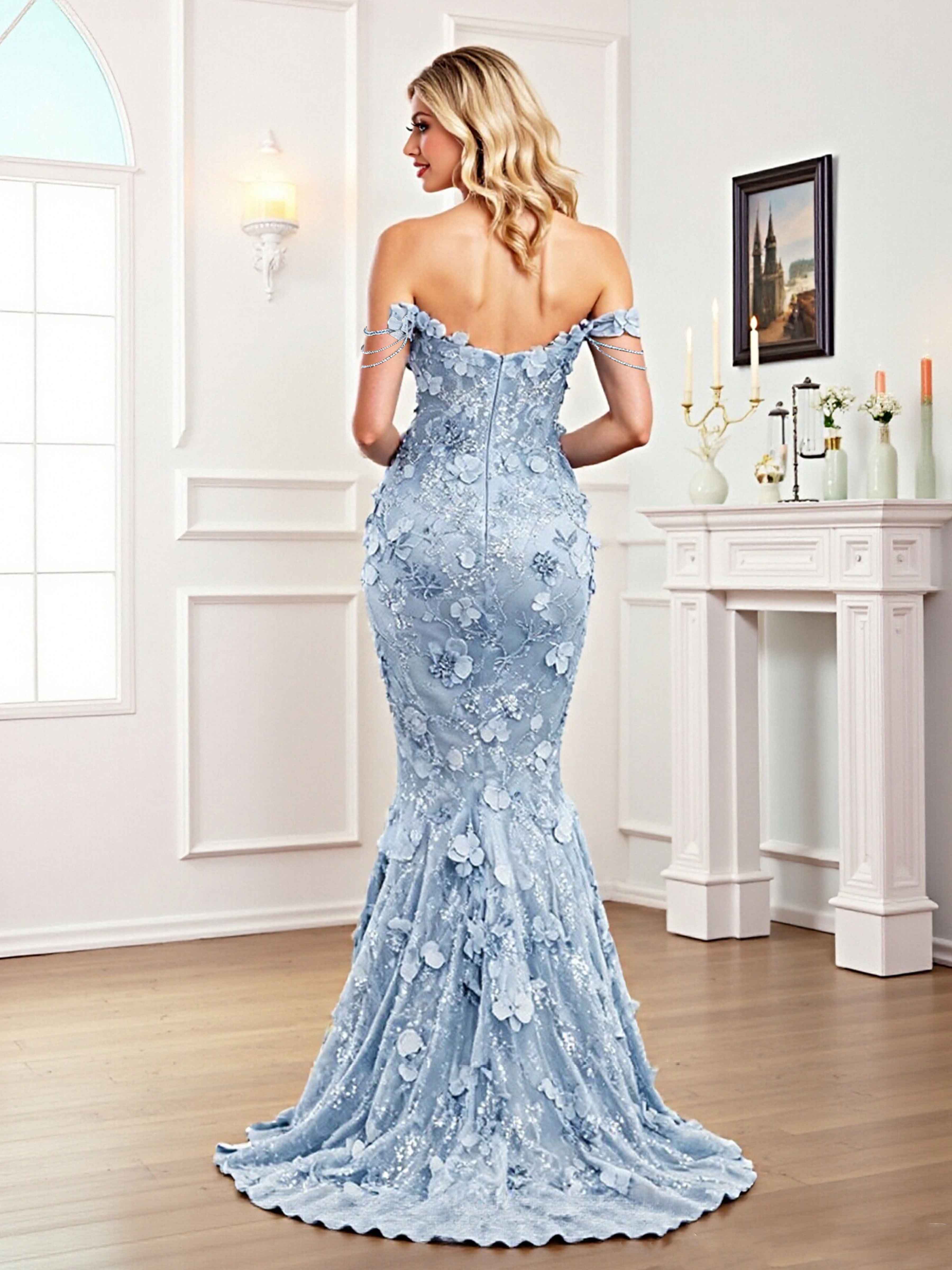 Robes De Bal À Chic Sans Bretelles Dentelle Florale Paillettes Draelara