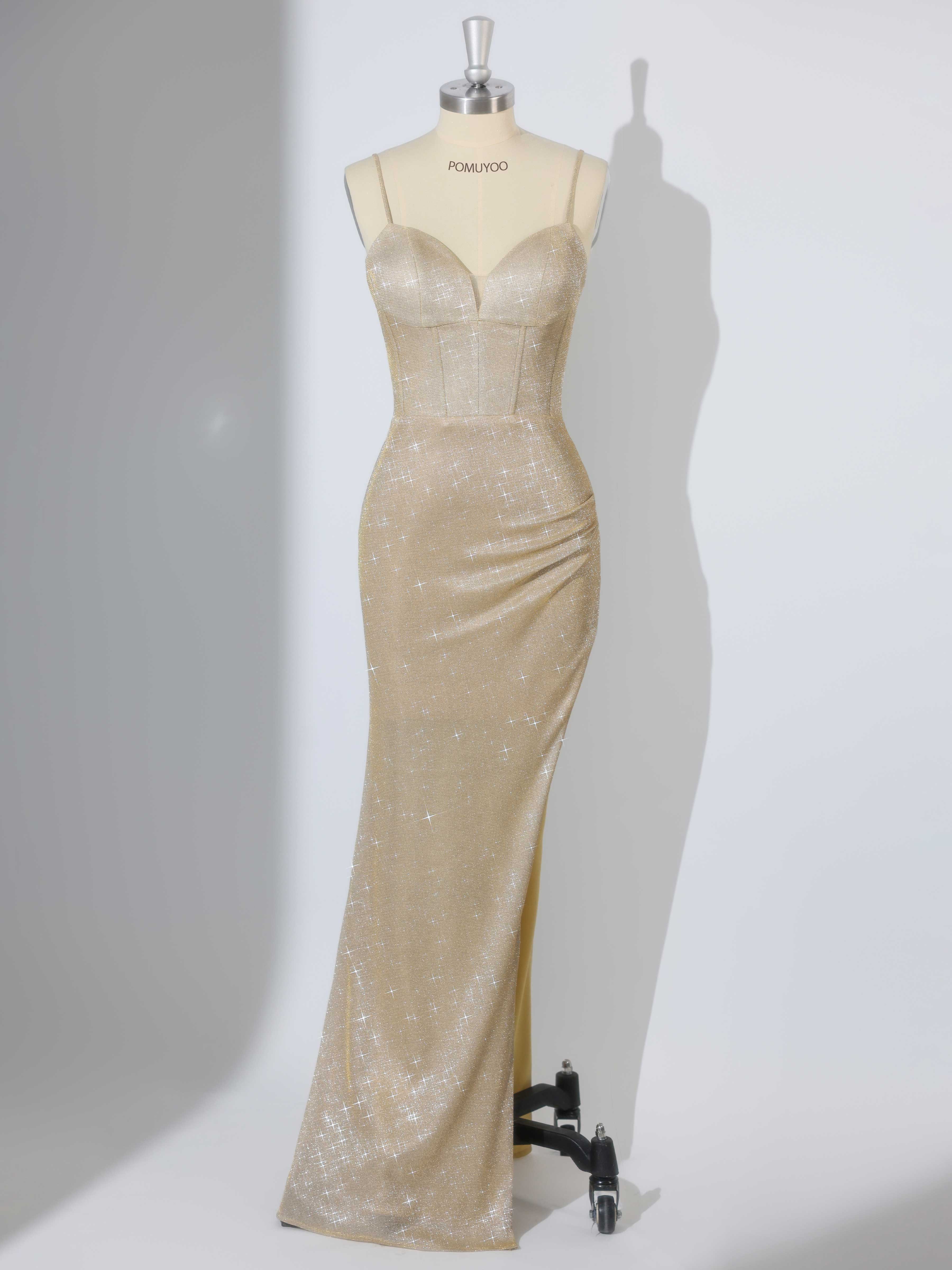 Robes De Bal À Éblouissante Sirène Bretelles Spaghetti Plissé Longue Paillettes