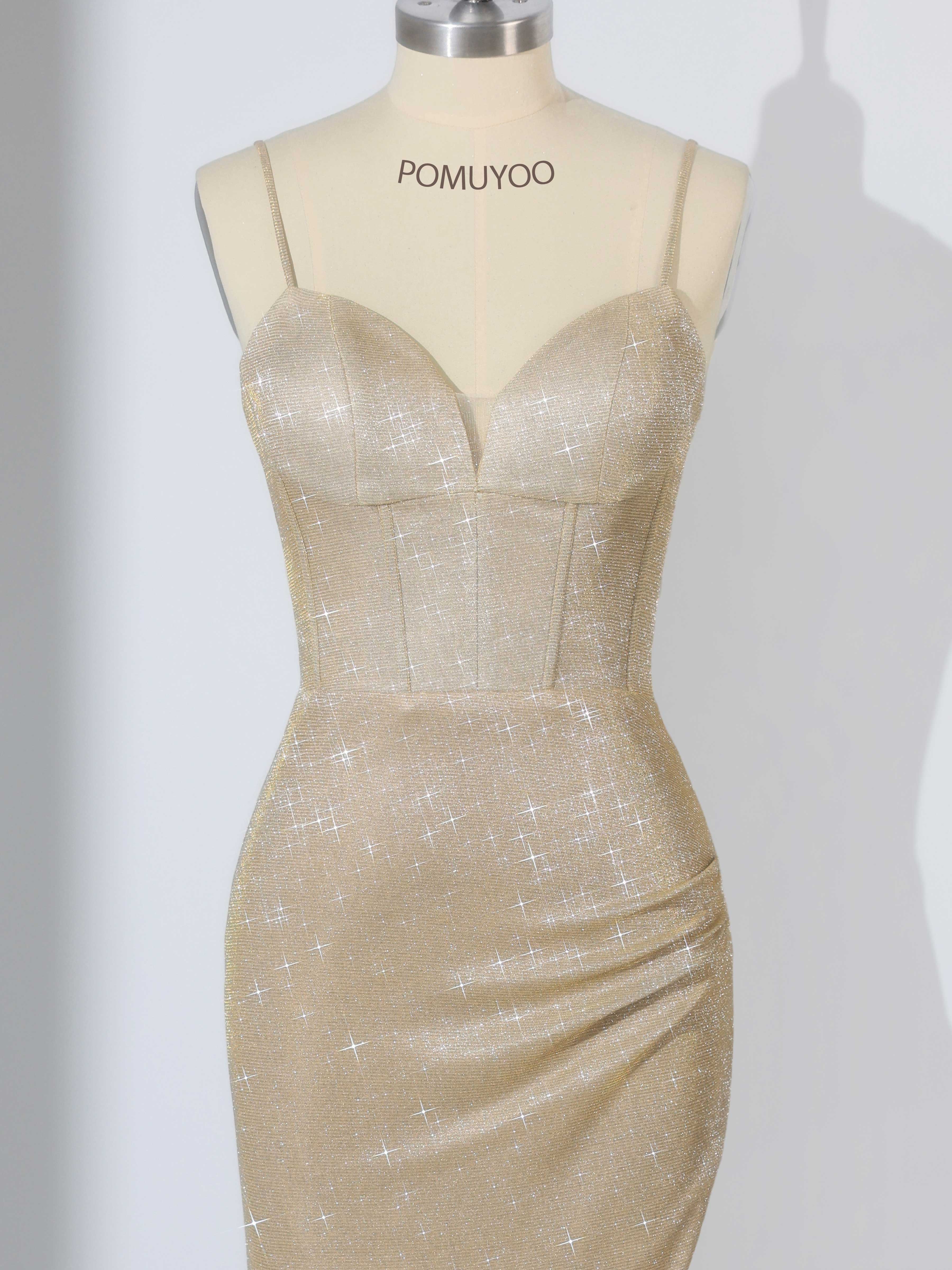 Robes De Bal À Éblouissante Sirène Bretelles Spaghetti Plissé Longue Paillettes