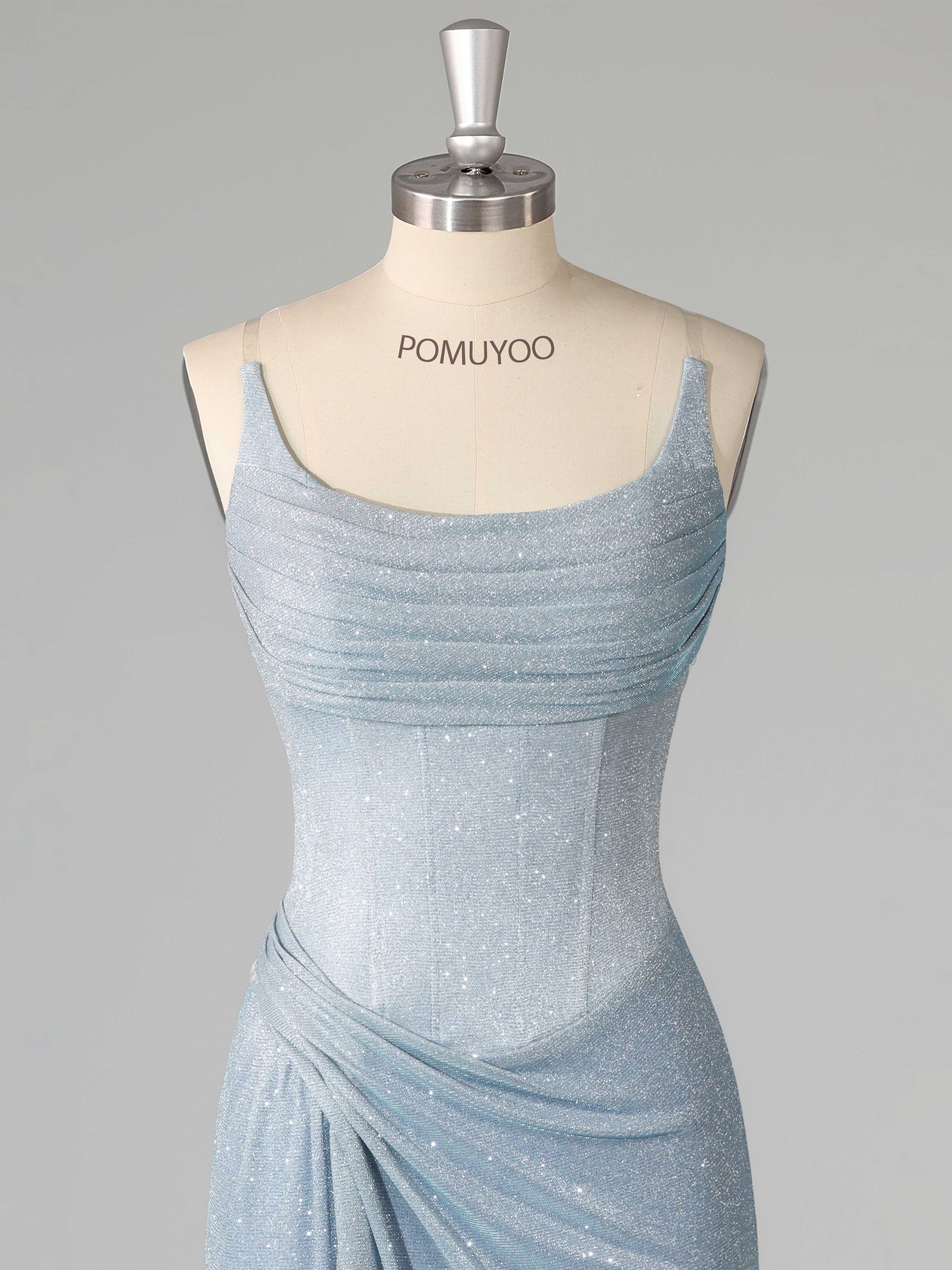 Robes De Bal À Pailletée Gaine Bretelles Spaghetti Corset Plissé Fente À Jambe