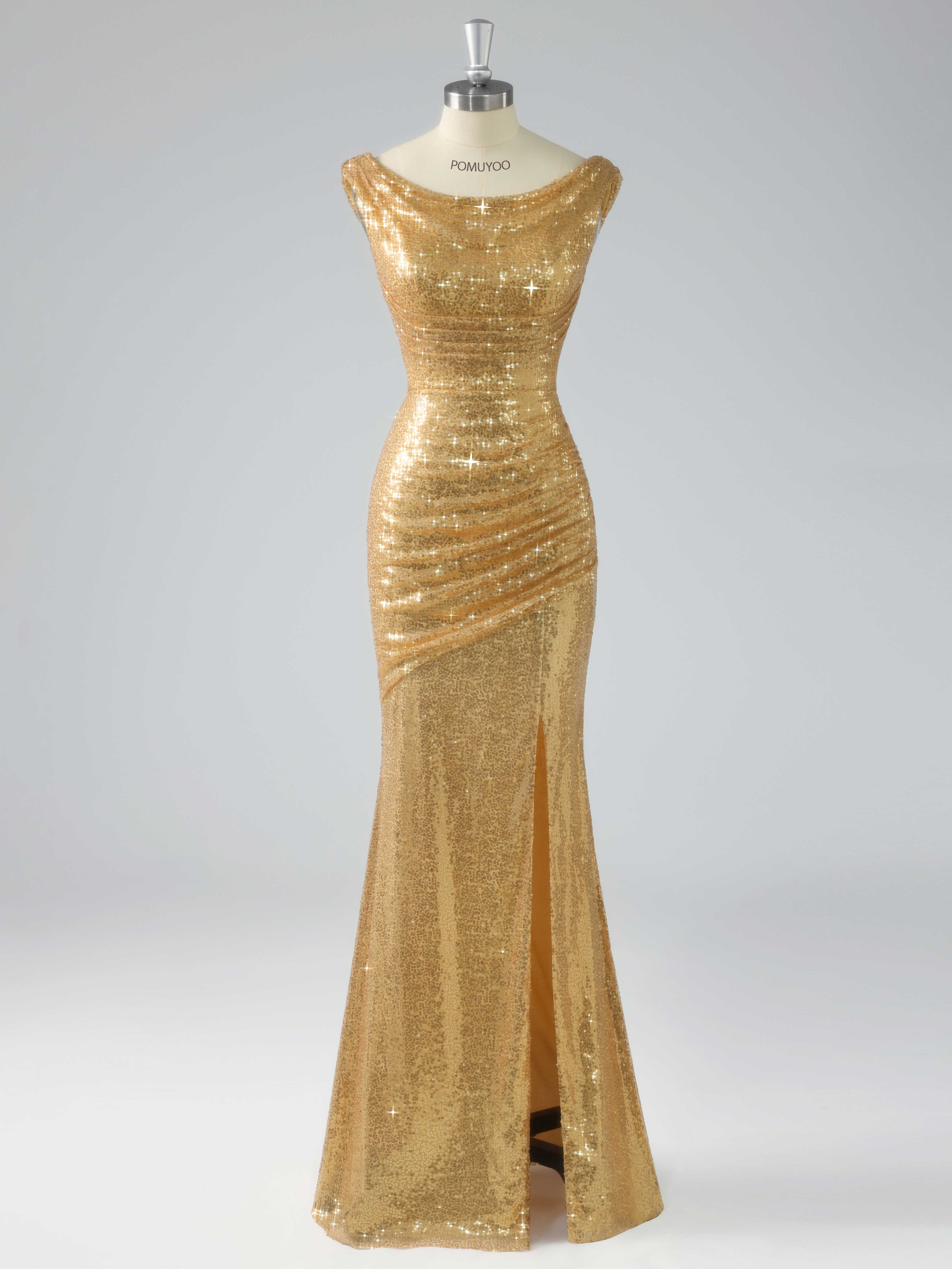 Robes De Bal À Sexy Sirène Ruché Fente À Jambe Longueur Au Sol Paillettes