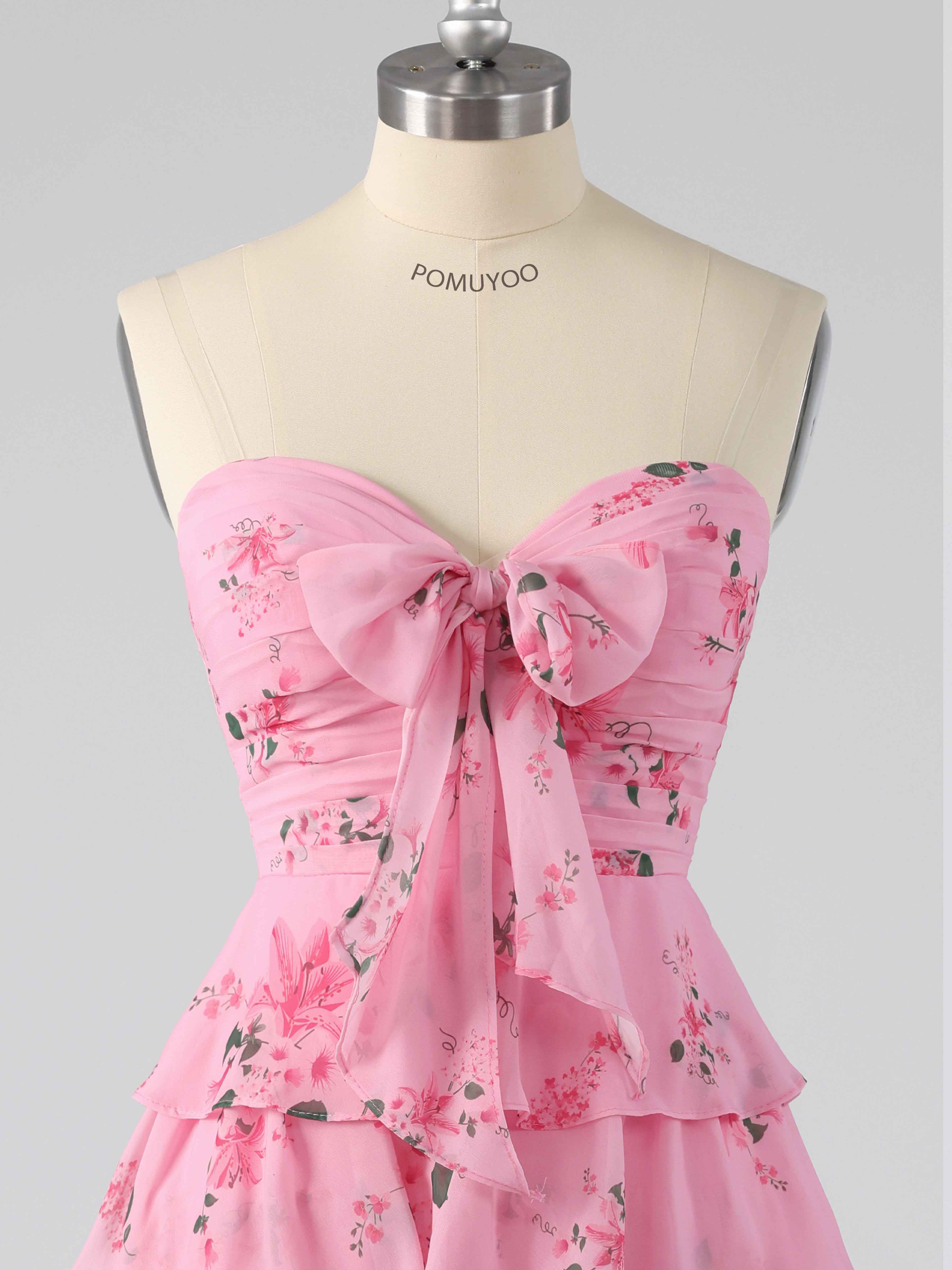 Robes De Bal Courte En Mousseline Imprimé Fleuri À Volants Noeud Papillon