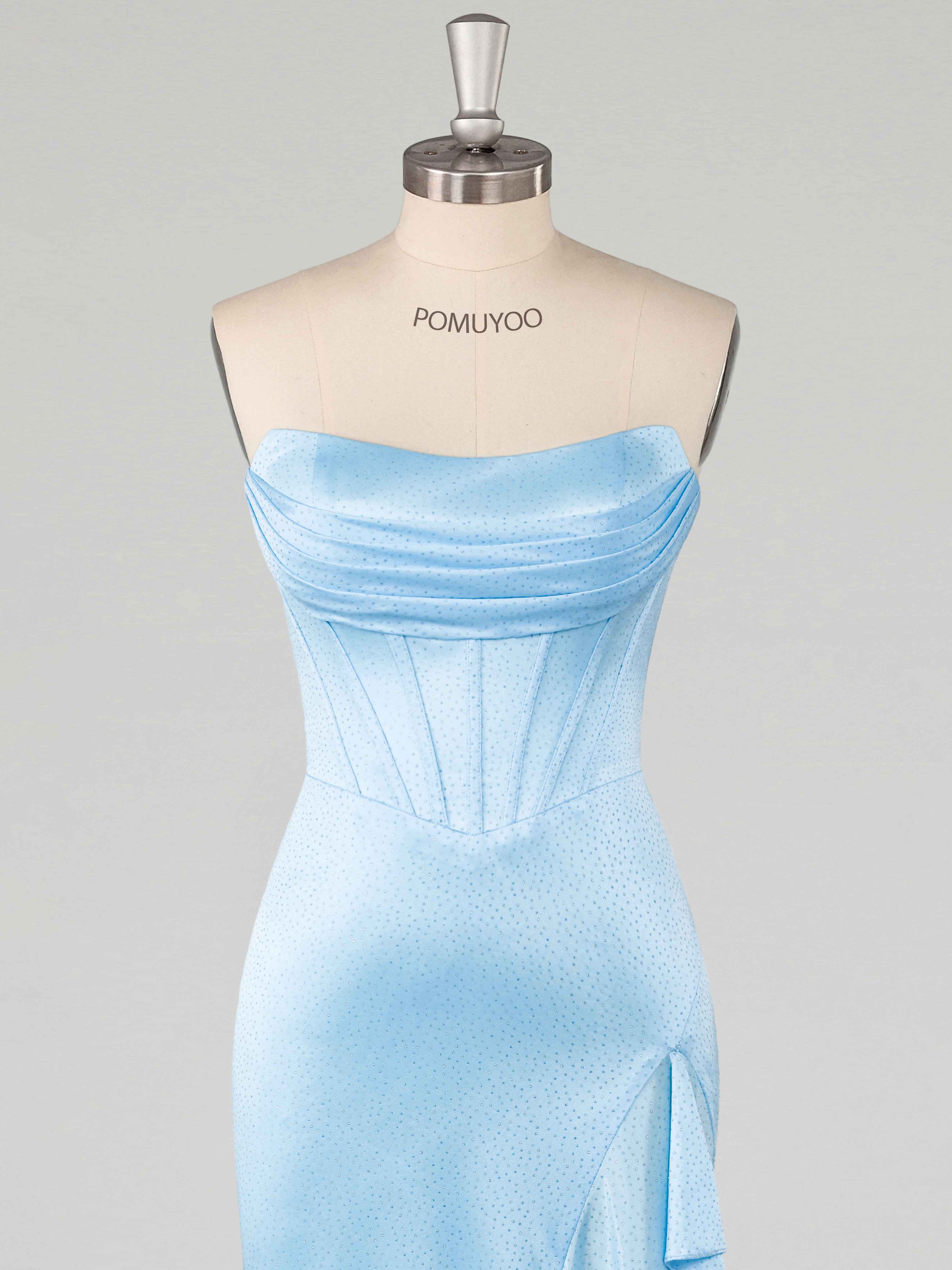 Robes De Bal En Satin À Bleu Paillettes Sirène Volants Fente À Jambe Traîne Balayage