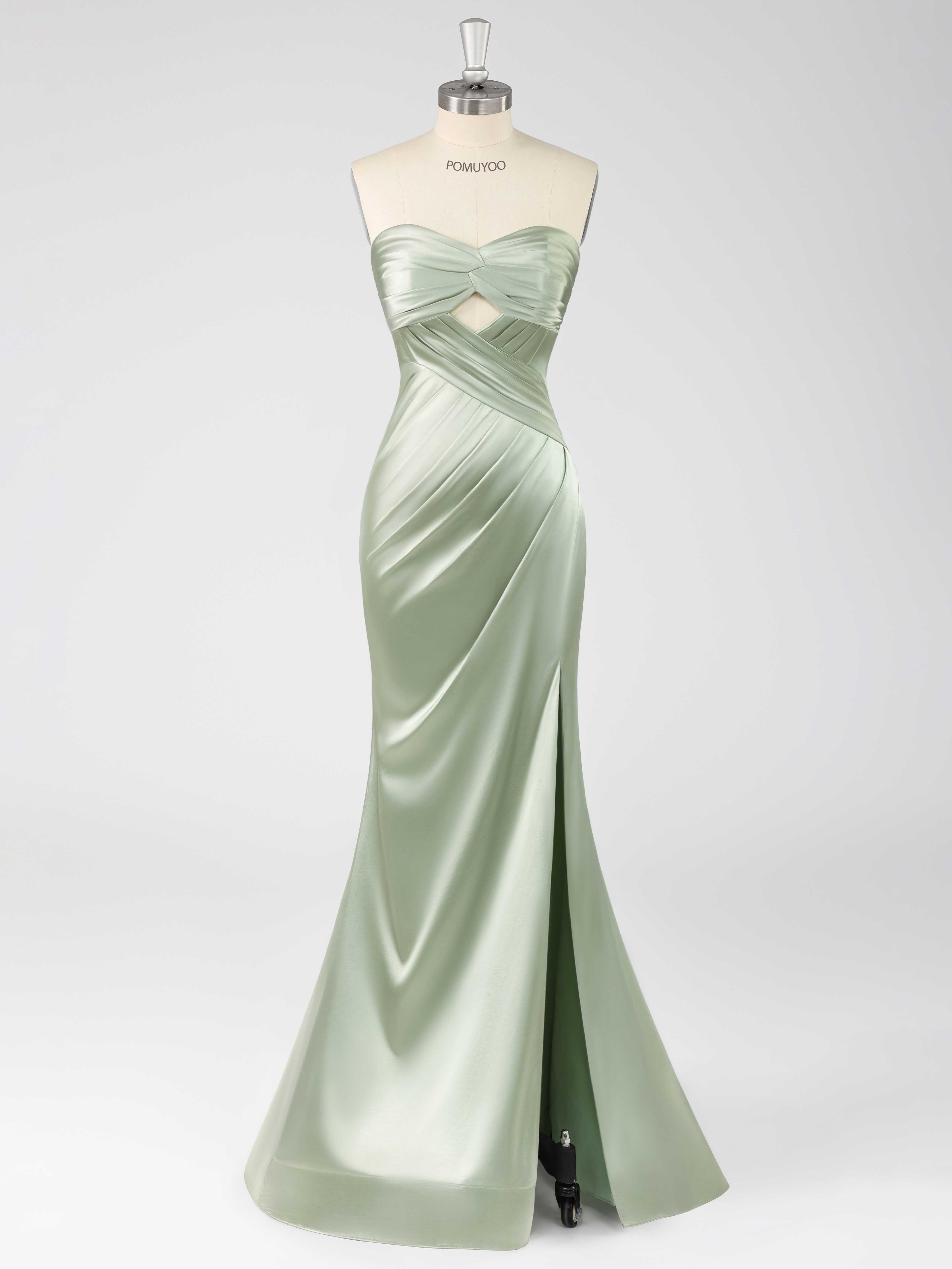 Robes De Bal En Satin À Glamour Sirène Col En Coeur Ruché Fente À Jambe Longue