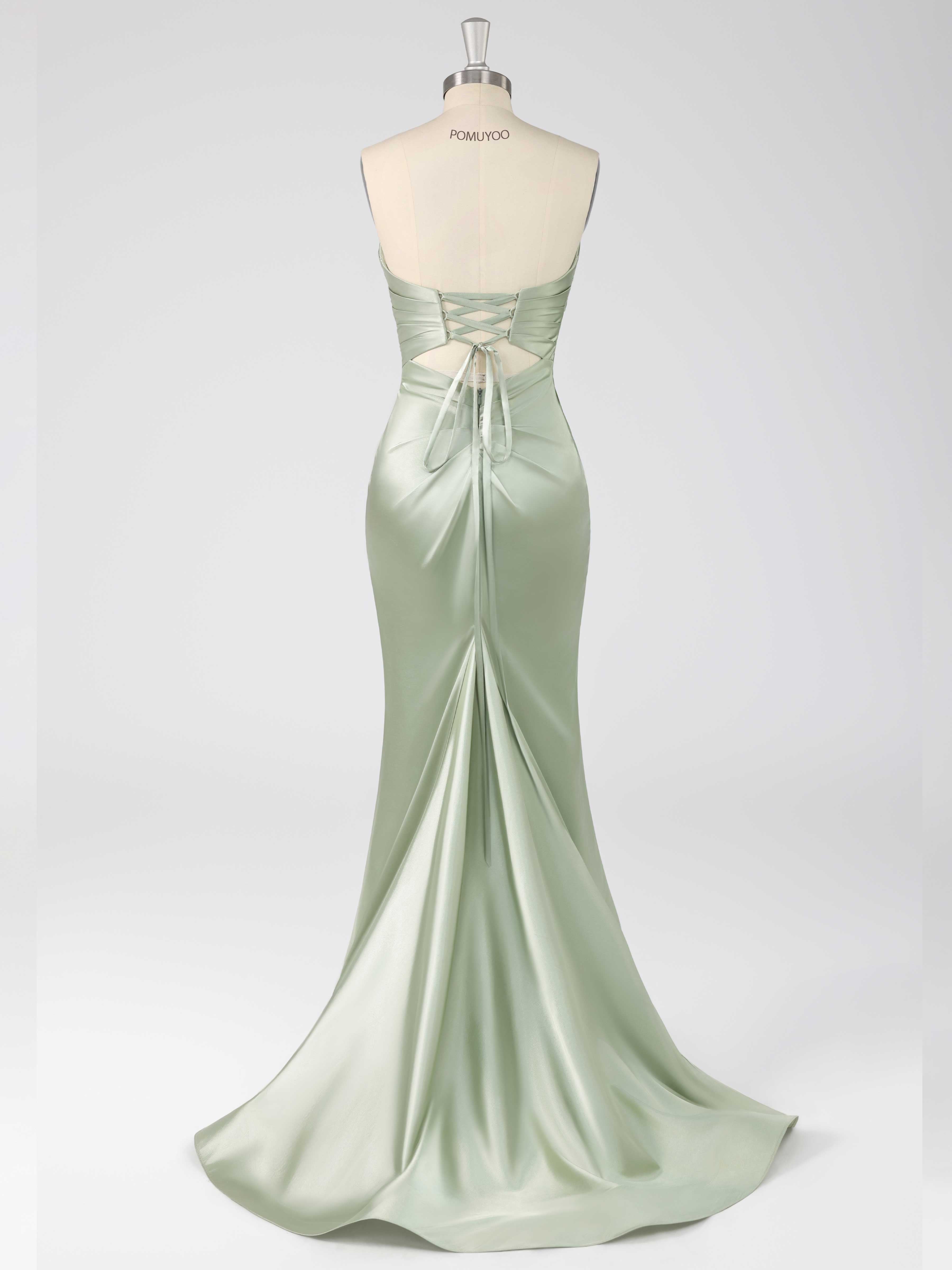Robes De Bal En Satin À Glamour Sirène Col En Coeur Ruché Fente À Jambe Longue