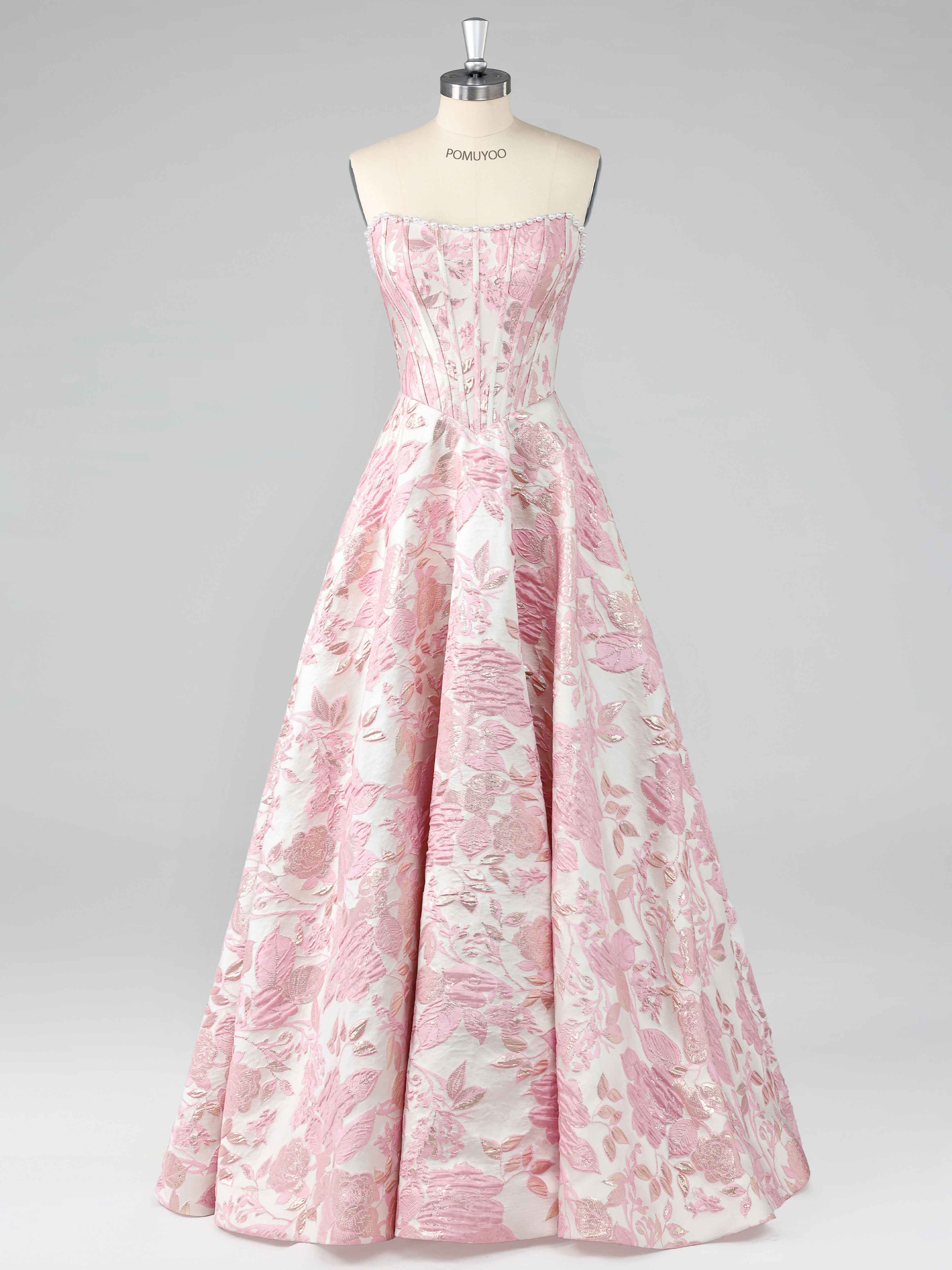 Robes De Bal En Satin À Rose A-ligne Sans Bretelles Jacquard Perlé Longue