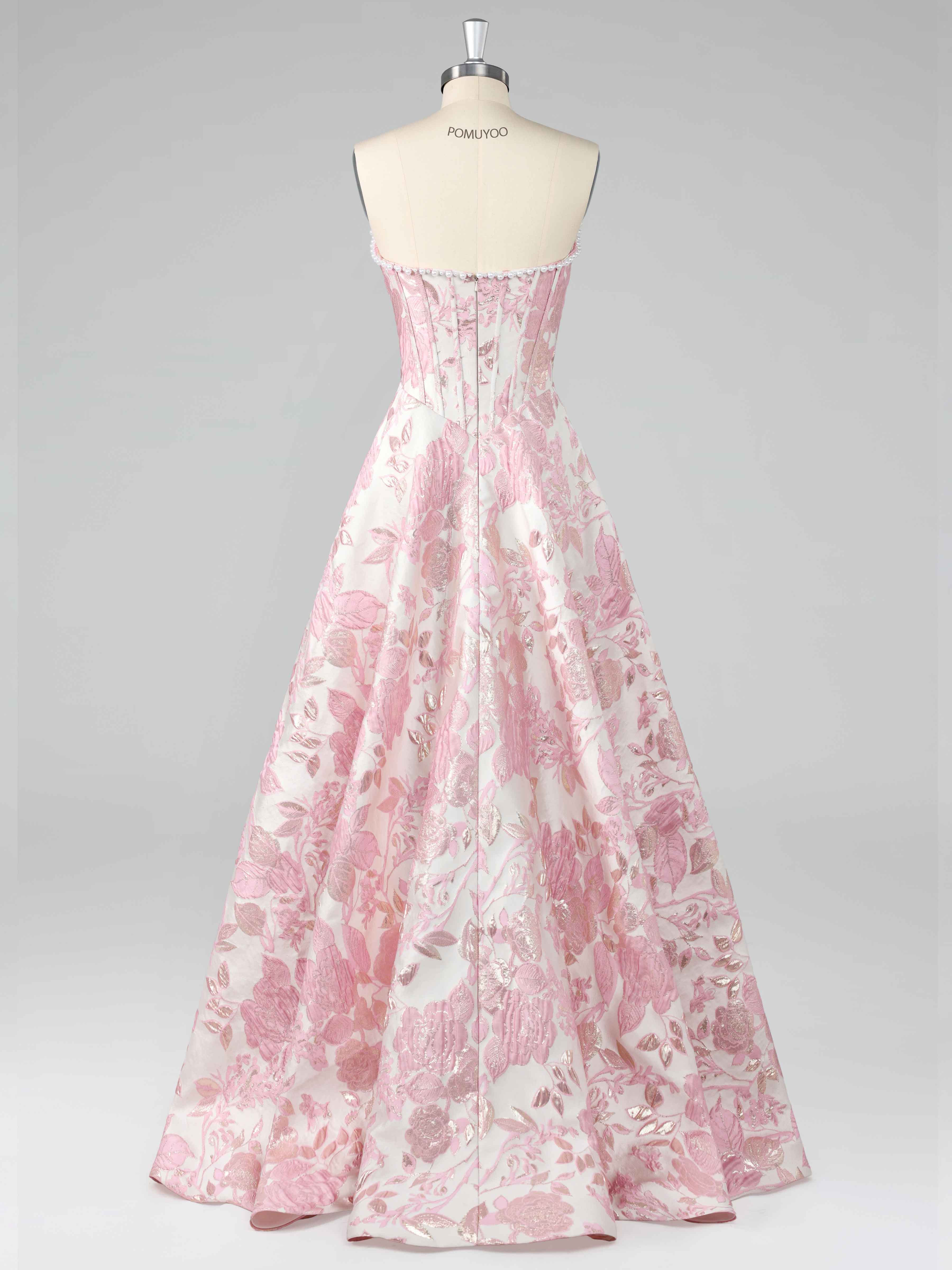 Robes De Bal En Satin À Rose A-ligne Sans Bretelles Jacquard Perlé Longue