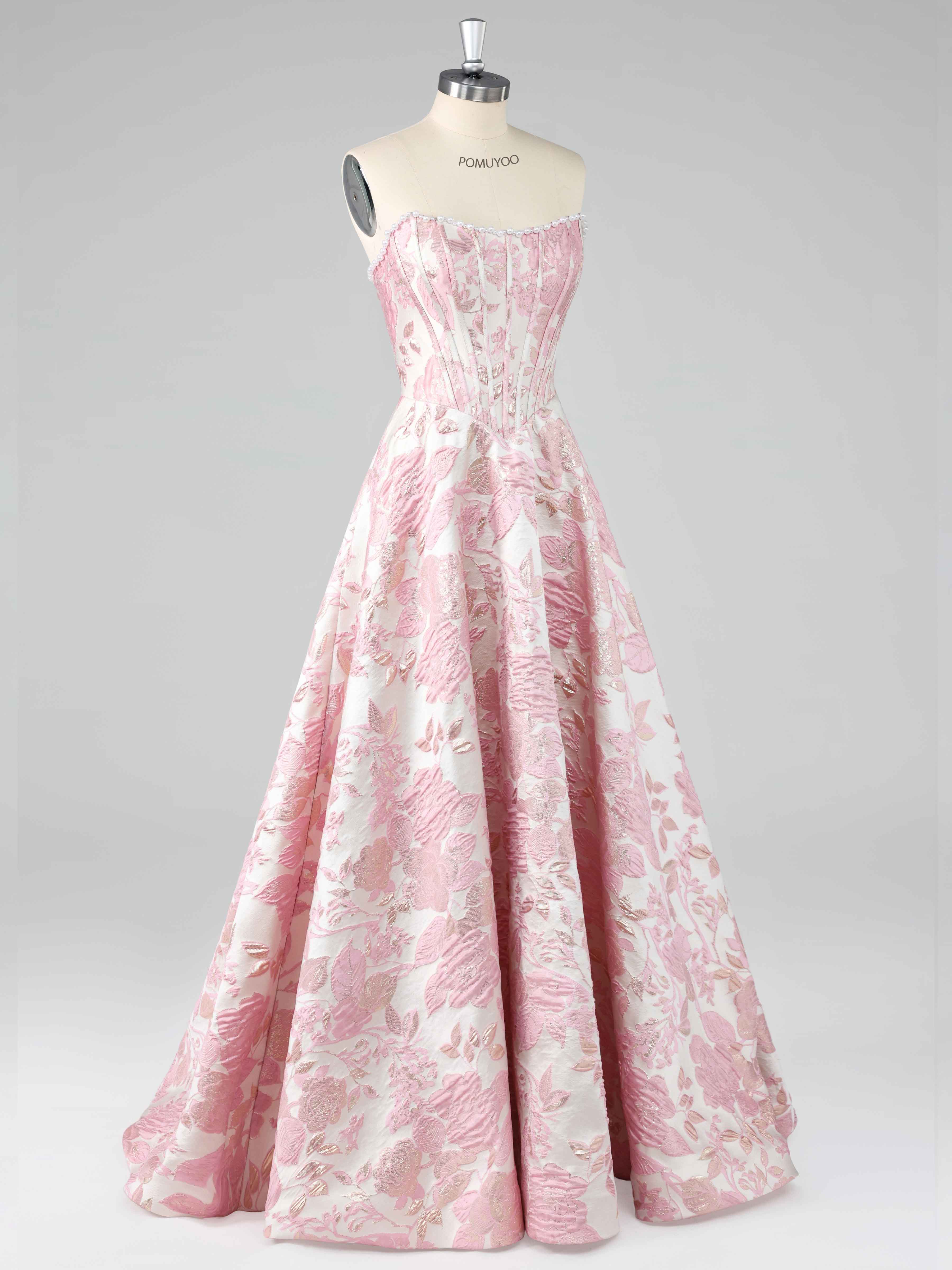 Robes De Bal En Satin À Rose A-ligne Sans Bretelles Jacquard Perlé Longue