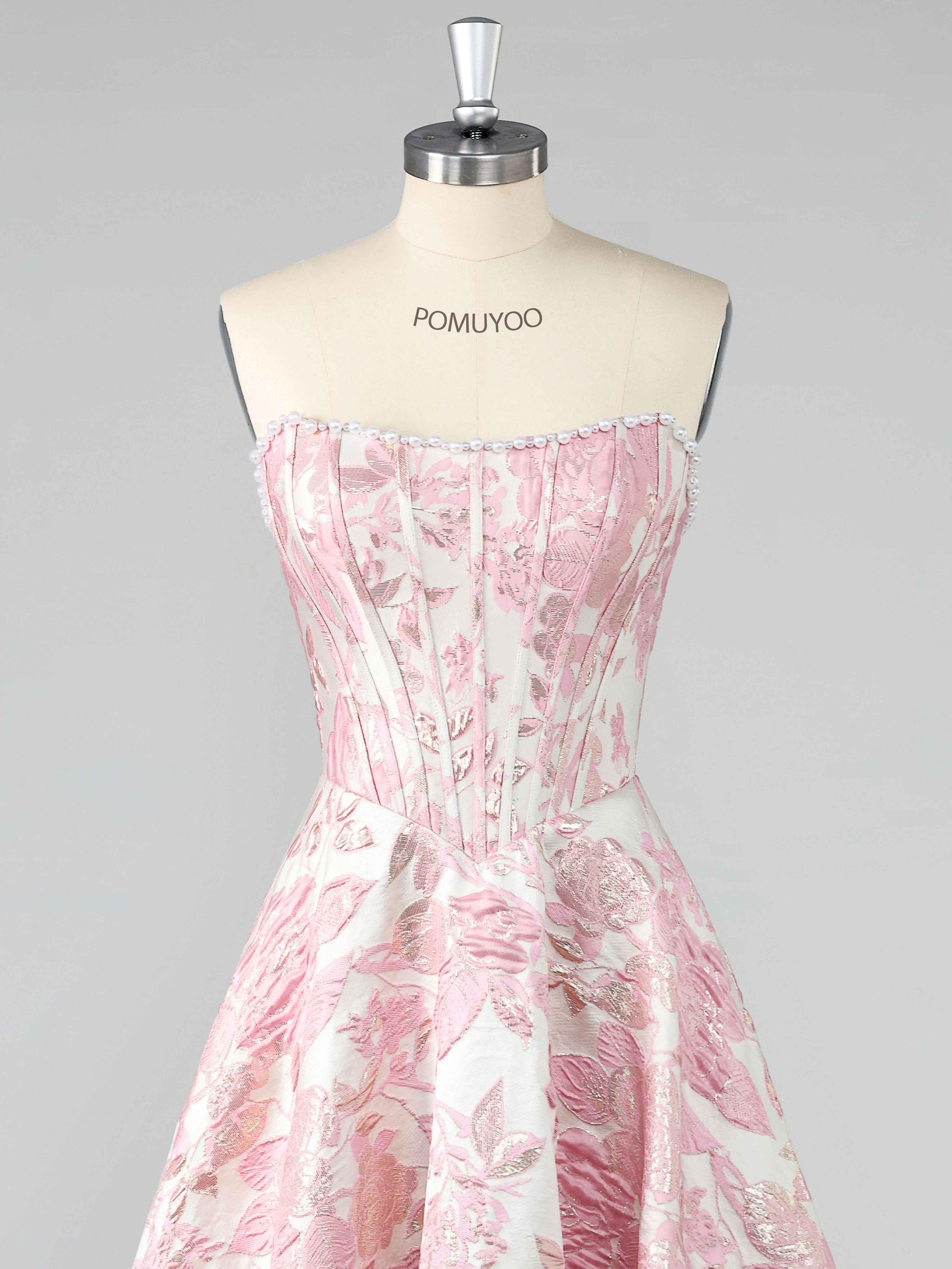 Robes De Bal En Satin À Rose A-ligne Sans Bretelles Jacquard Perlé Longue