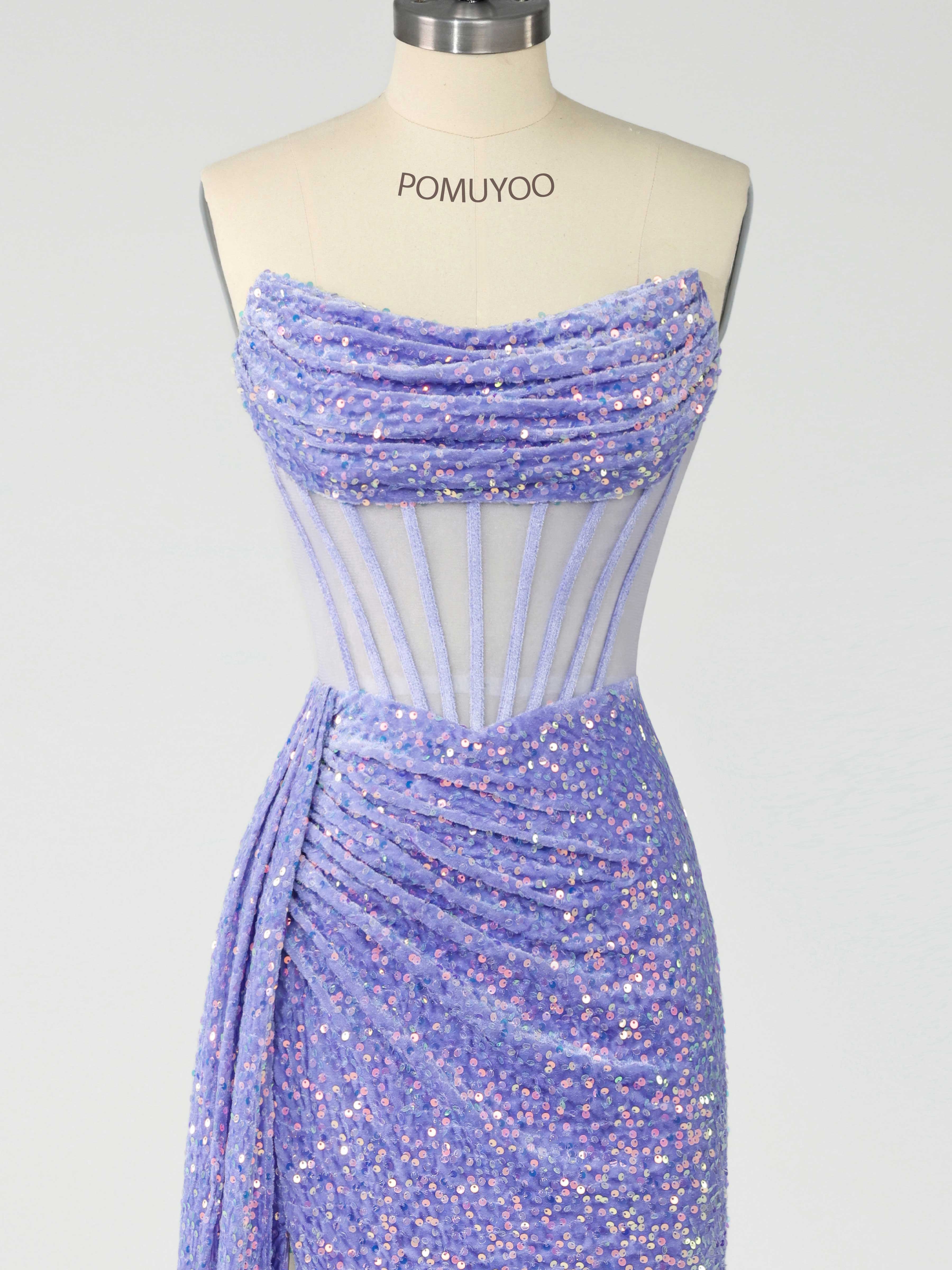 Robes De Bal En Velours Paillete À Élégante Sans Bretelles Corset Traine