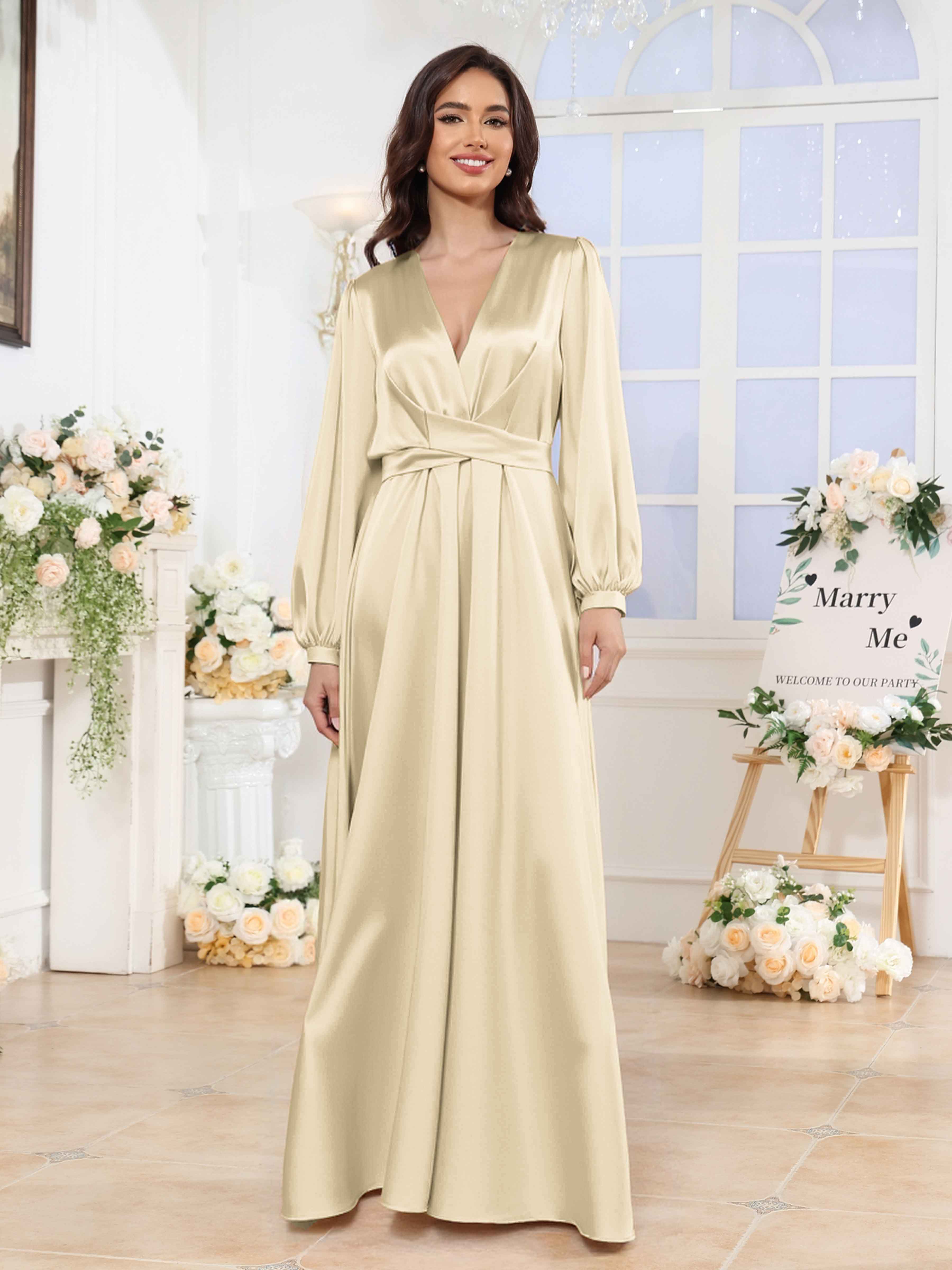 Robes De Demoiselle D'Honneur En Satin À Col V Manches Longues Xyla