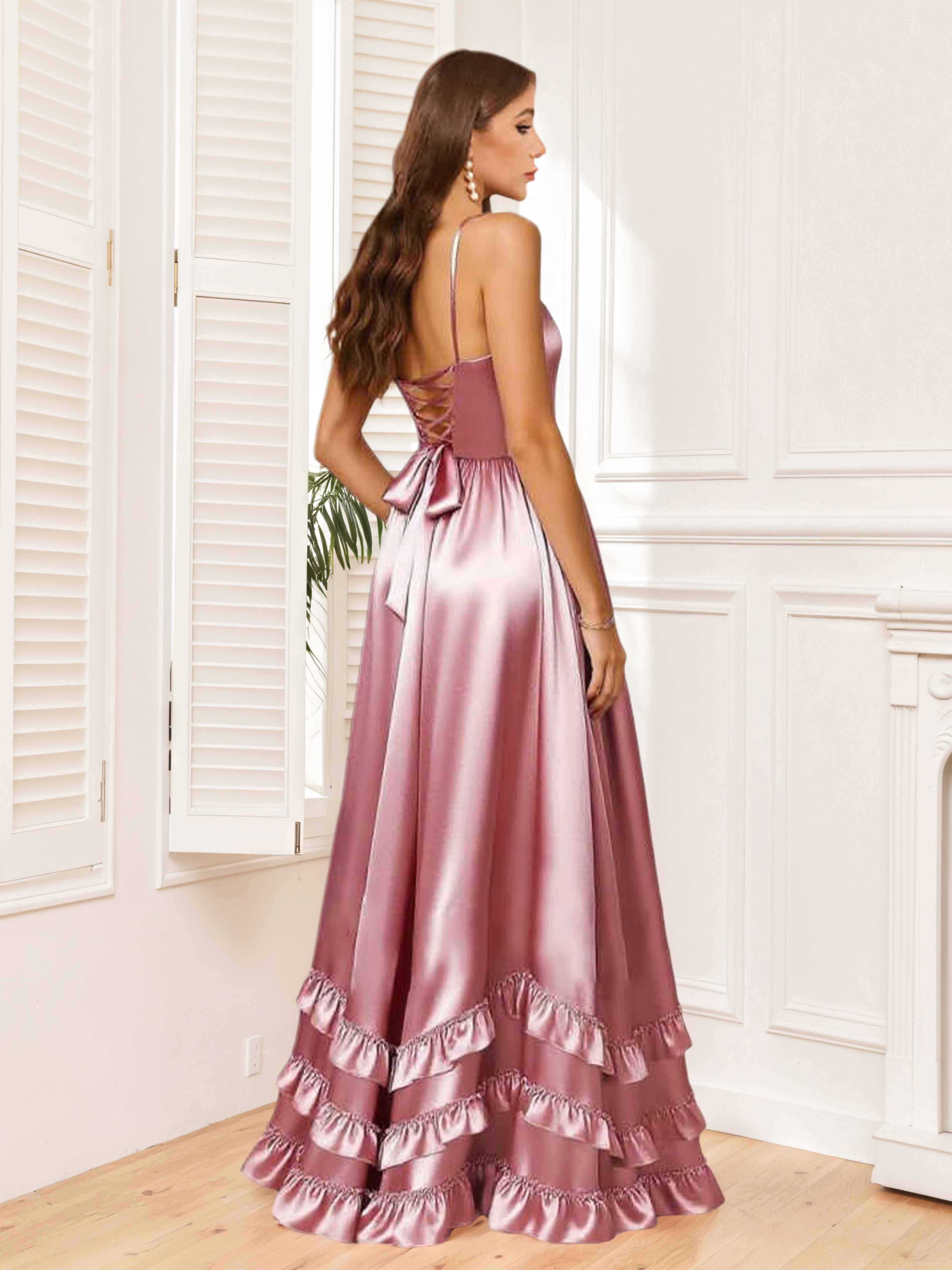 Robes De Demoiselle D'Honneur En Satin À Volants Fente À Jambe Xenia