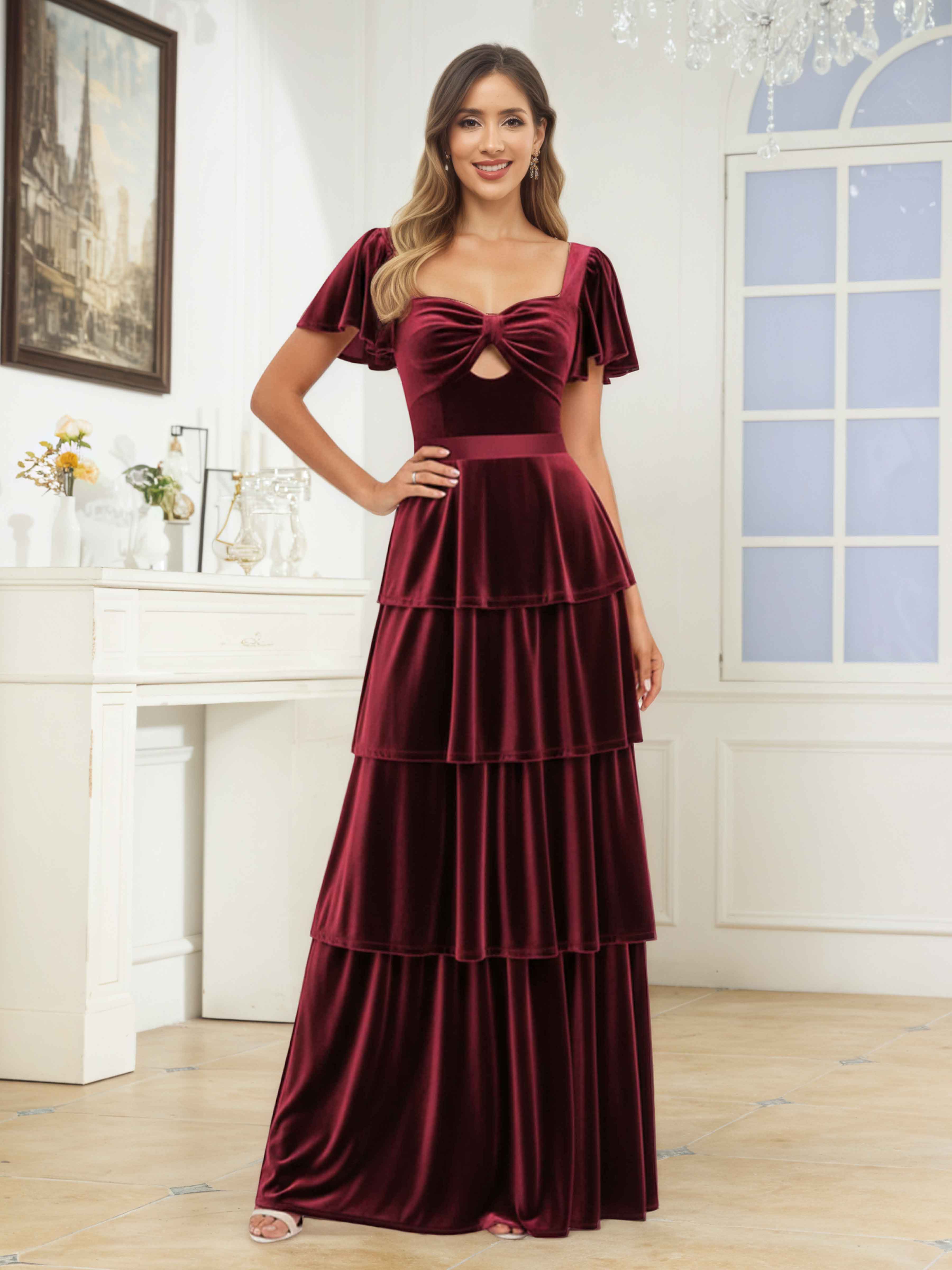 Robes De Demoiselle D'Honneur En Velours À Doux A-ligne Carré Manches Courtes Longueur Au Sol Taisia