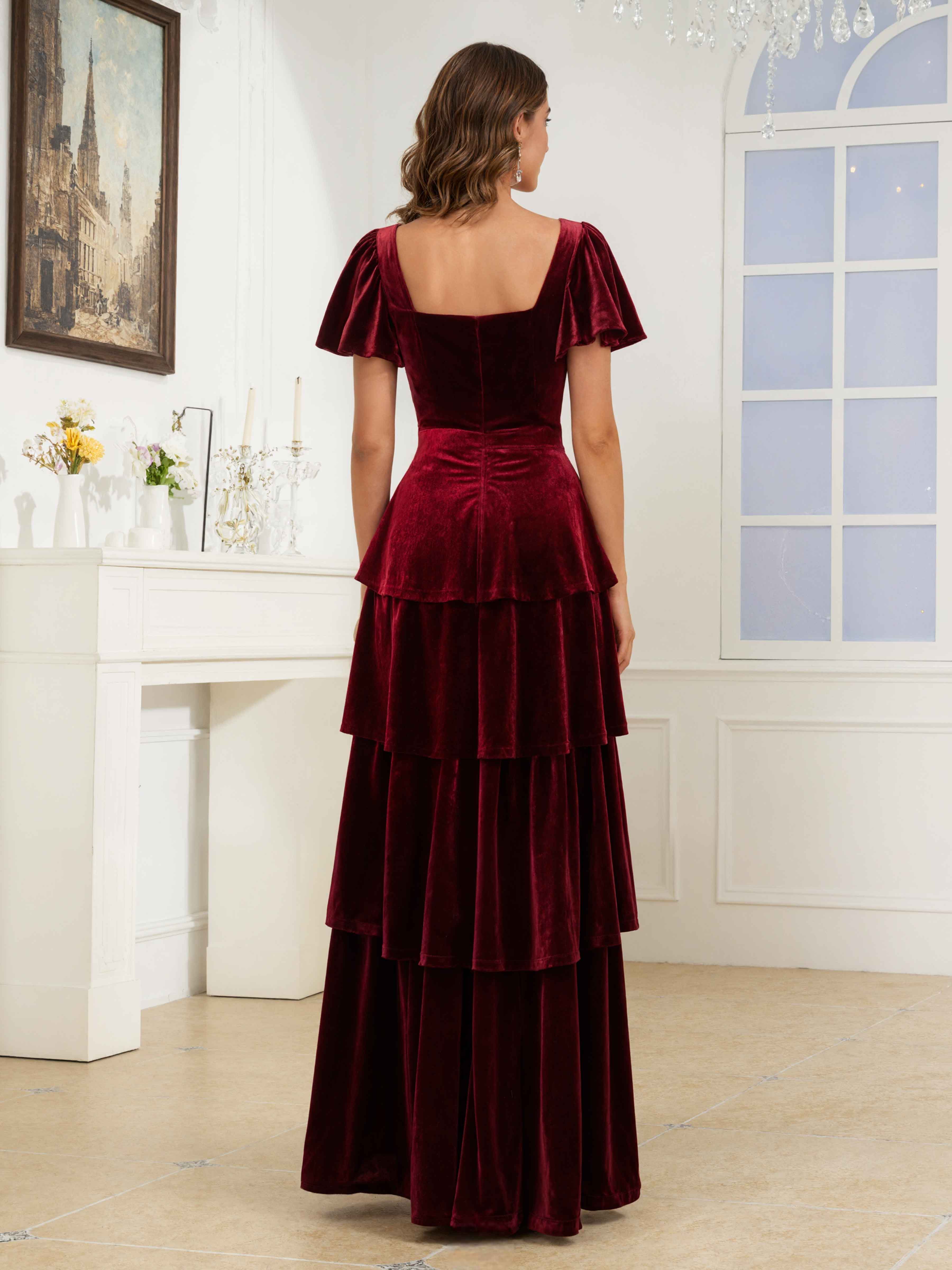 Robes De Demoiselle D'Honneur En Velours À Doux A-ligne Carré Manches Courtes Longueur Au Sol Taisia