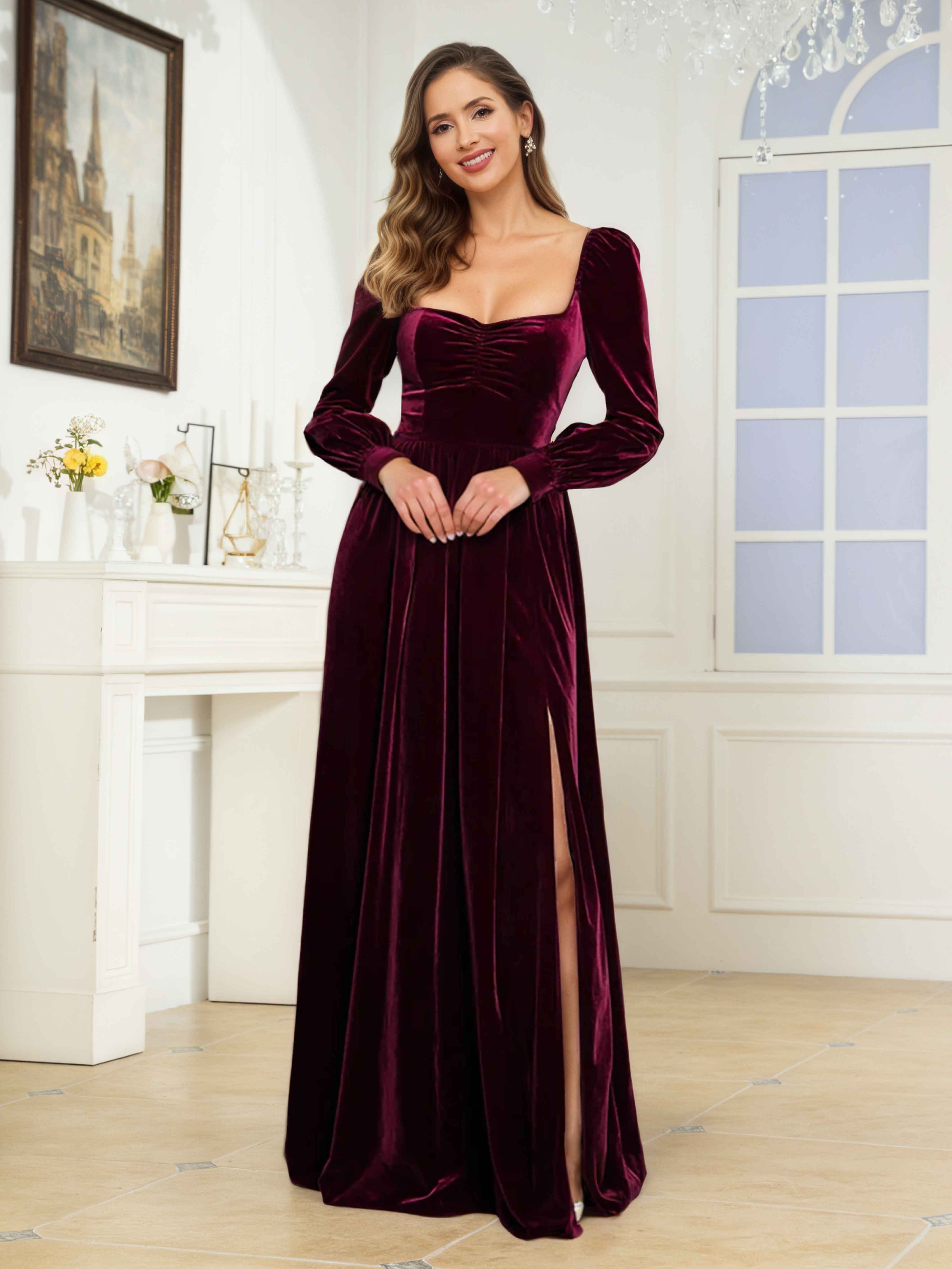 Robes De Demoiselle D'Honneur En Velours À Élégante A-ligne Carré Manches Longues Longueur Au Sol Sylvaine