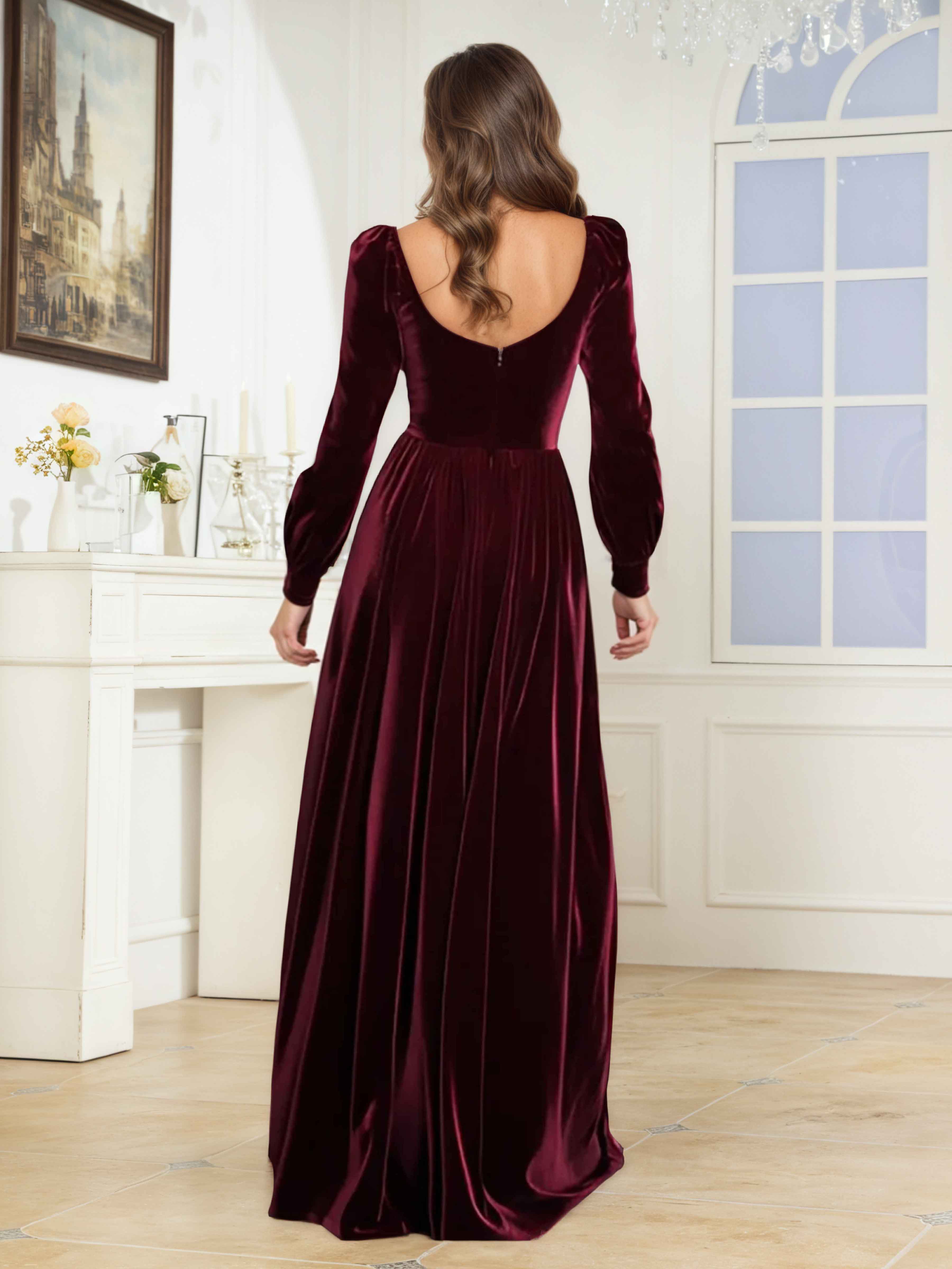 Robes De Demoiselle D'Honneur En Velours À Élégante A-ligne Carré Manches Longues Longueur Au Sol Sylvaine