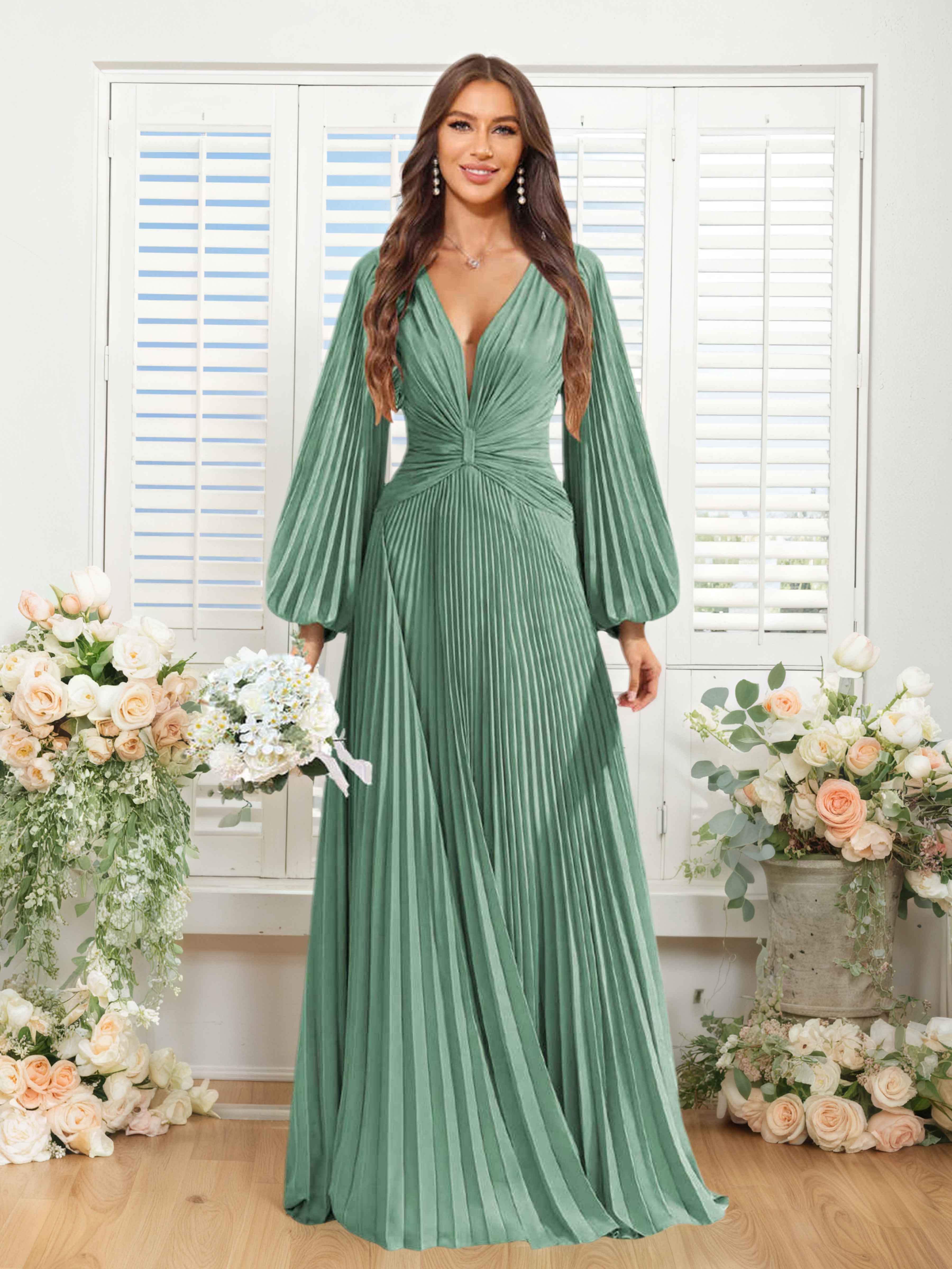 Robes De Demoiselle D'Honneur En Mousseline À Col V Ruché Longue Nerys