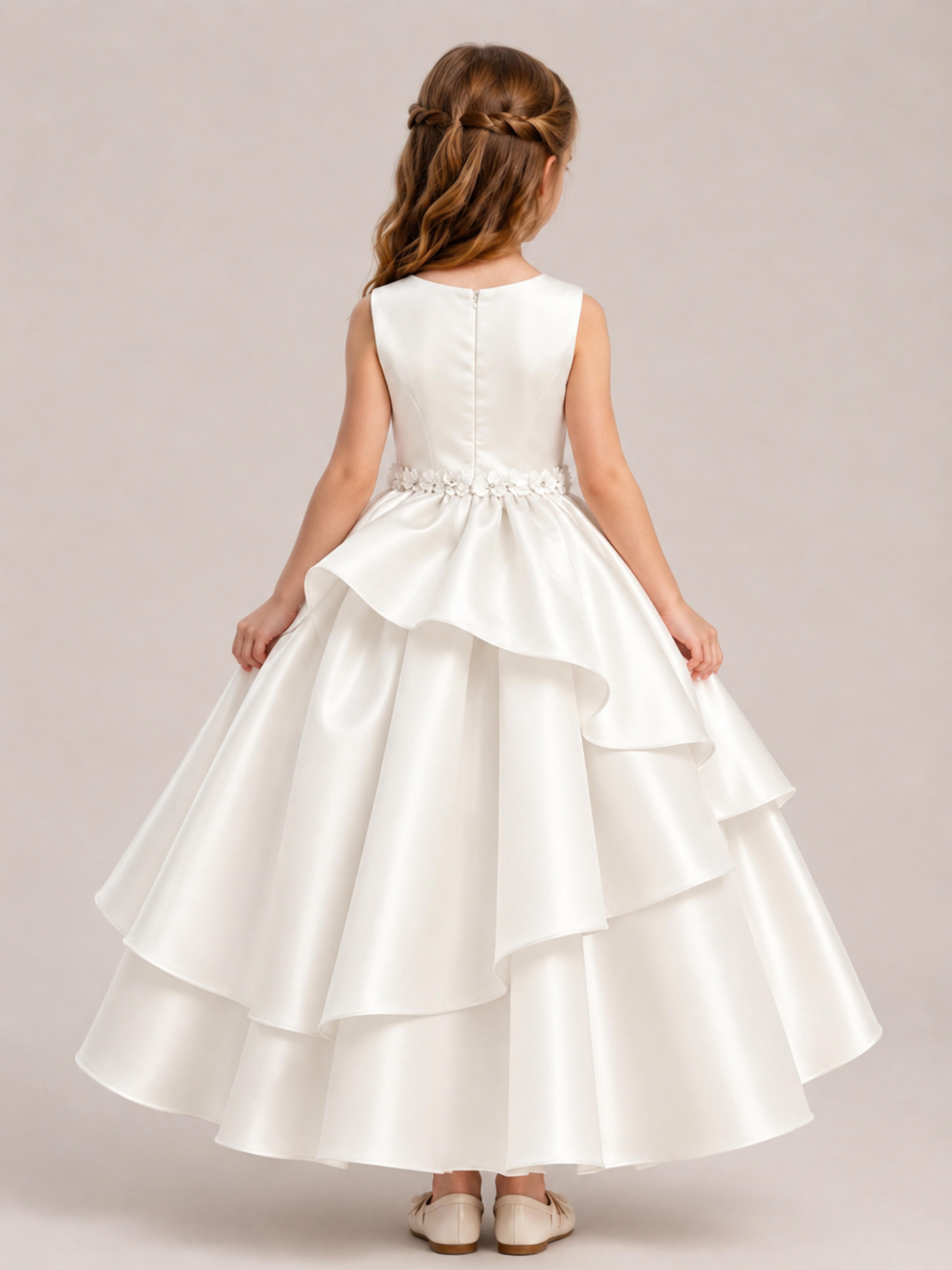 Robes De Fille En Satin À Élégante A-ligne Sans Manches Échelonné