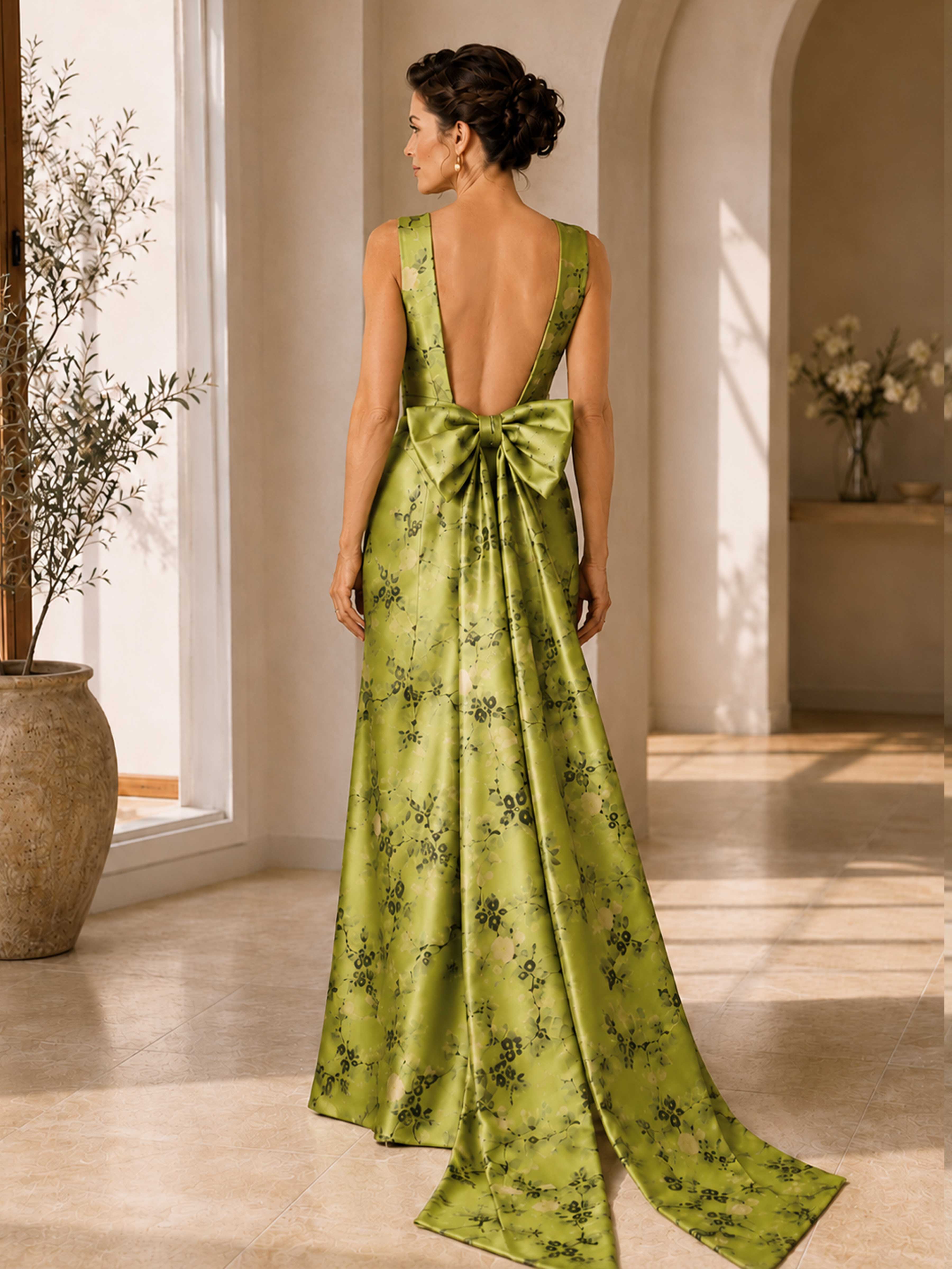 Robes Mère De La Mariée À Élégante Satin À Motifs Floraux Licou Avec Dos Noué Auralie