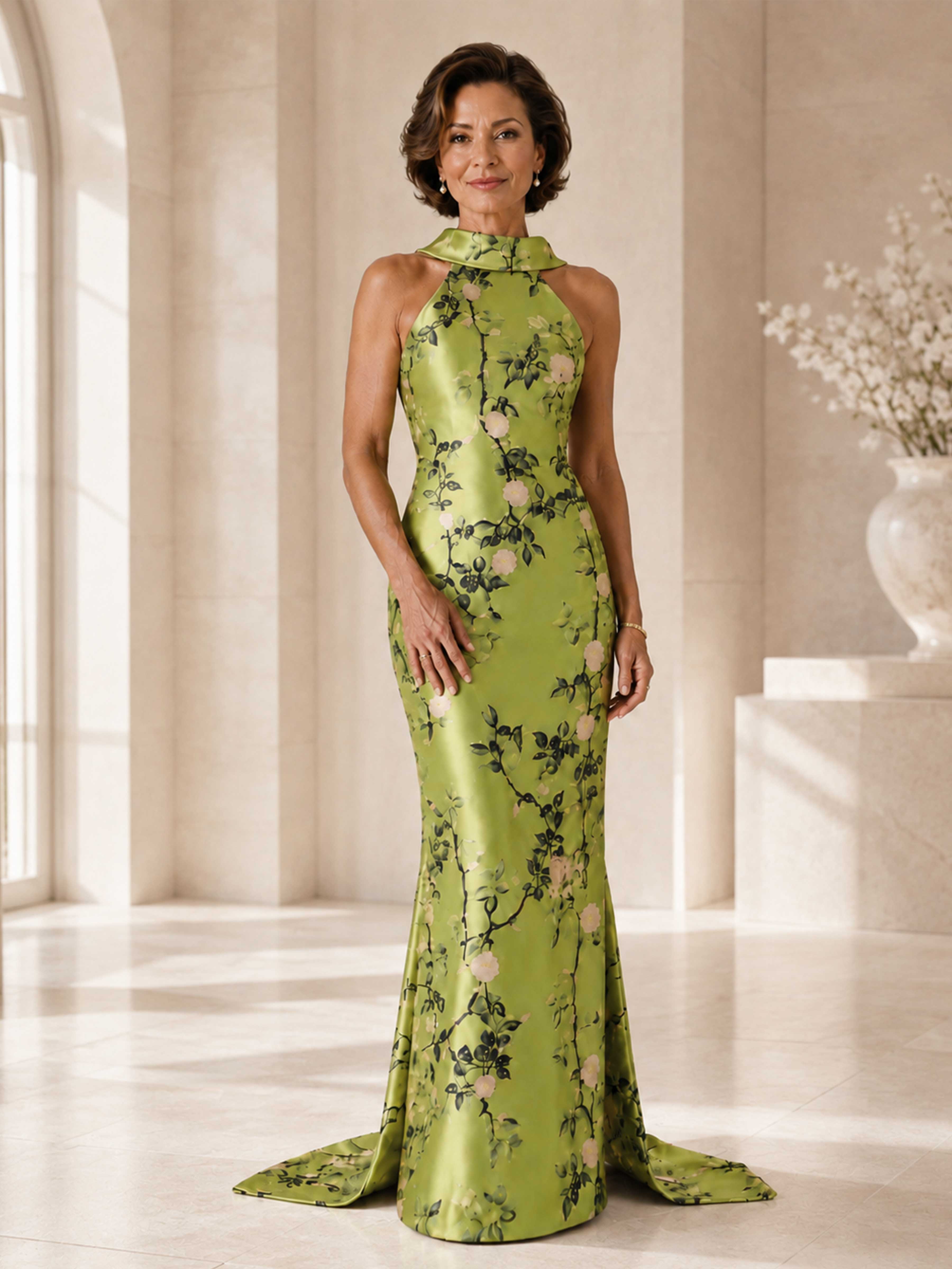Robes Mère De La Mariée À Élégante Satin À Motifs Floraux Licou Avec Dos Noué Auralie