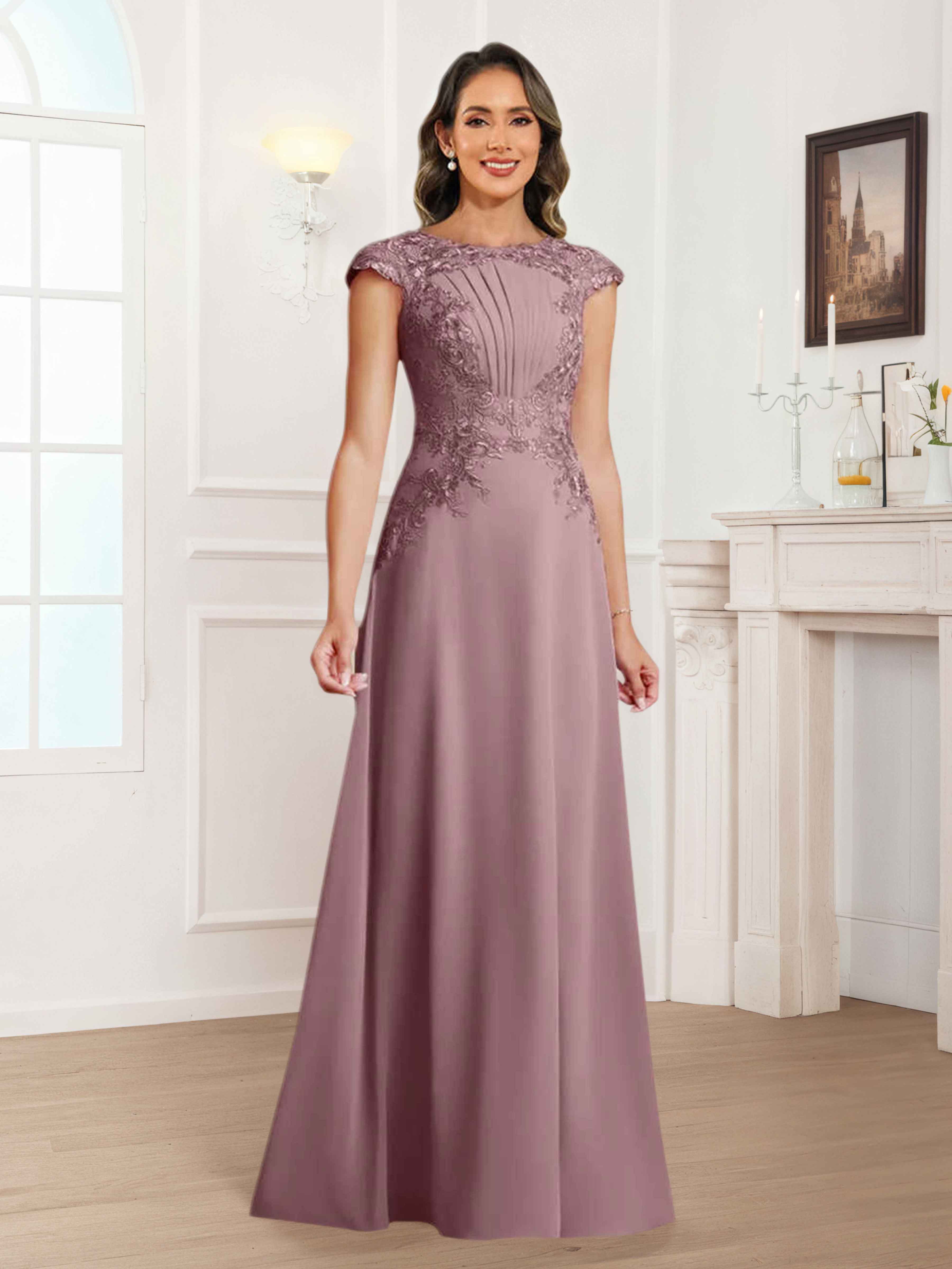 Robes Mère De La Mariée En Mousseline À Col Rond Ruché Mairen