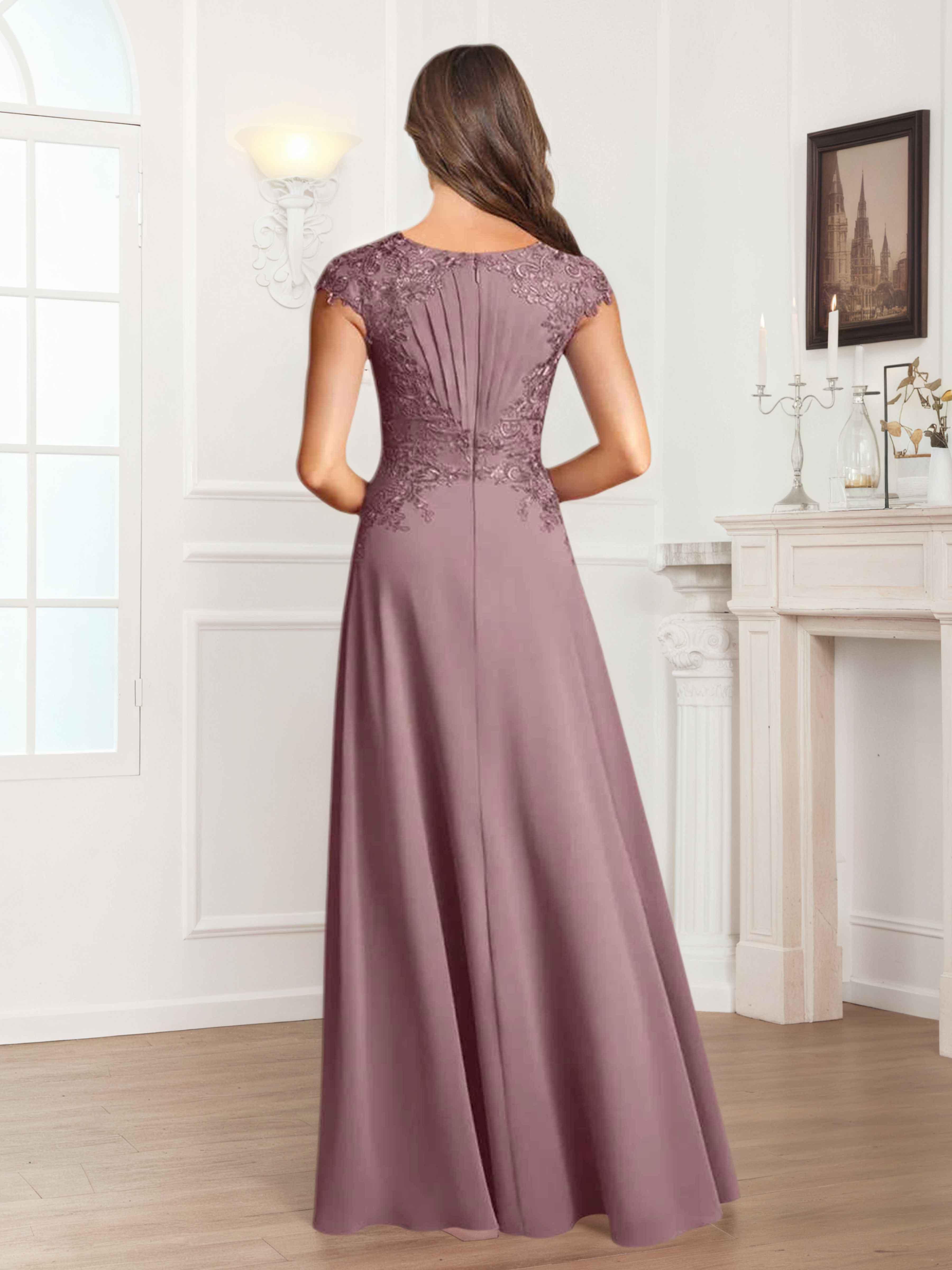 Robes Mère De La Mariée En Mousseline À Col Rond Ruché Mairen