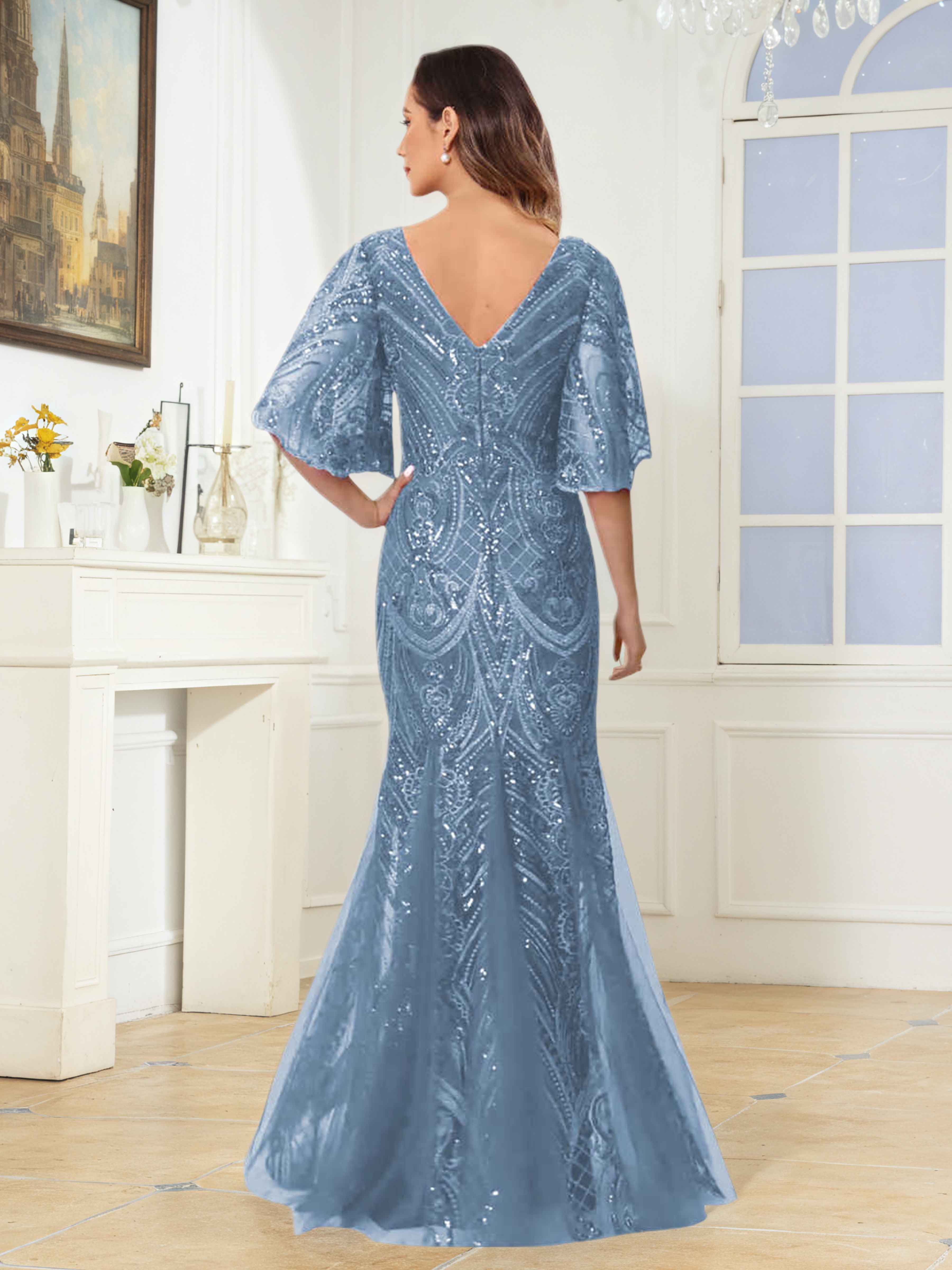 Robes Mère De La Mariée En Pailleté À Col V Manches Évasée Ilaria