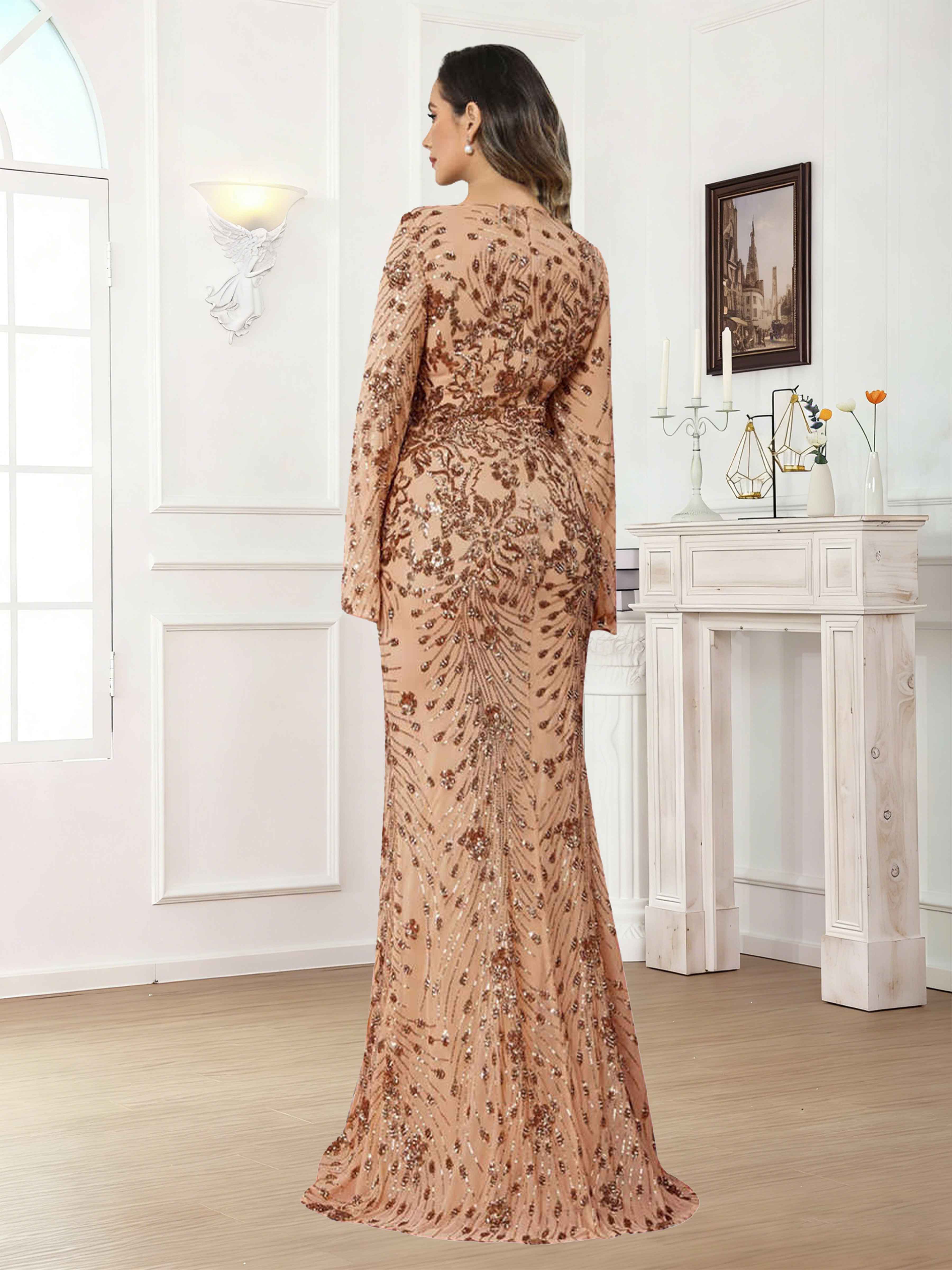 Robes Mère De La Mariée En Paillete À Col V Manches Longues Gaine Kraelwyn