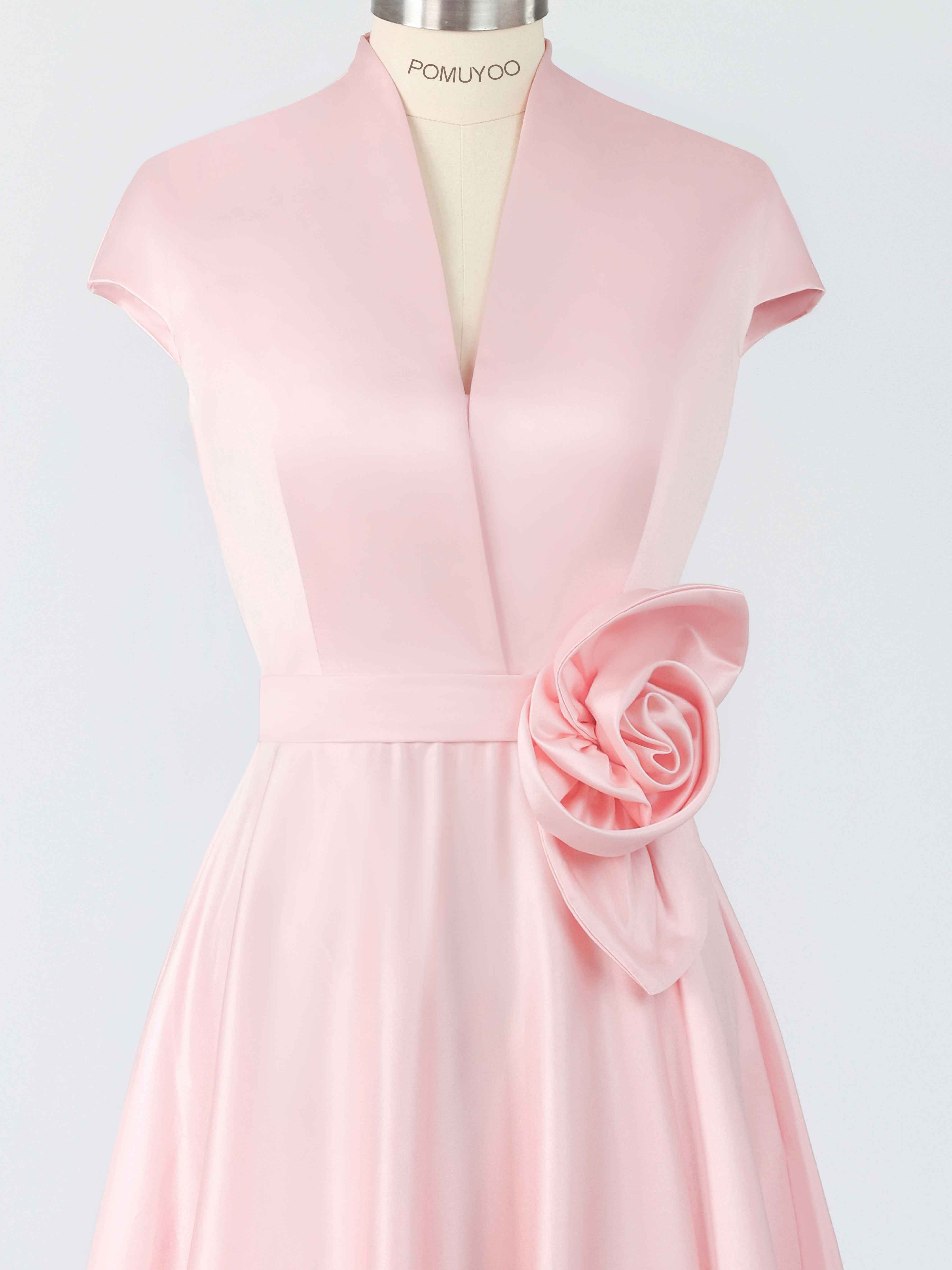 Robes Mère De La Mariée En Satin À Col V Midi Avec Ceinture Fleurie