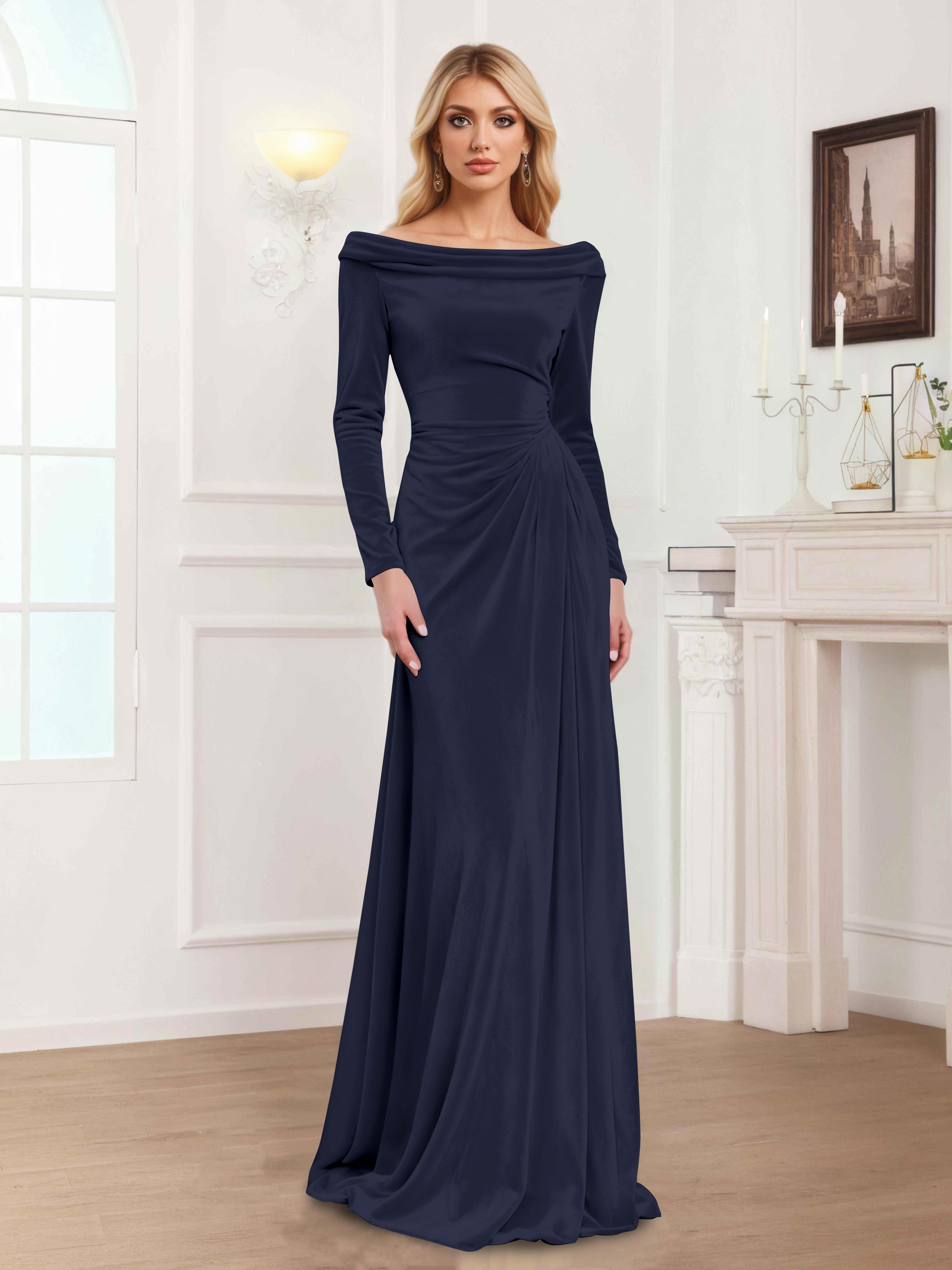 Robes Mère De La Mariée En Velours À Manches Longues Ruché Zanna