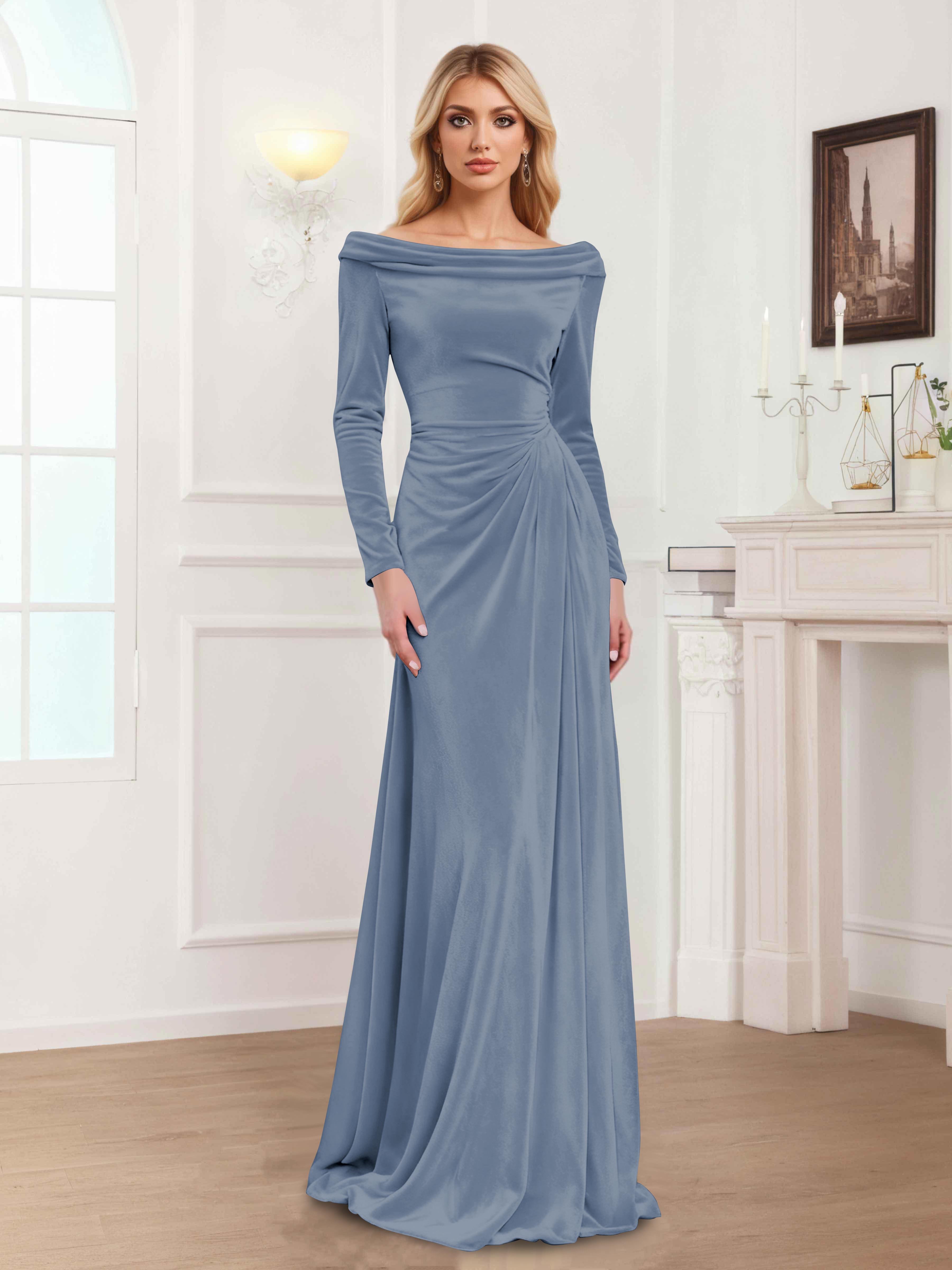 Robes Mère De La Mariée En Velours À Manches Longues Ruché Zanna