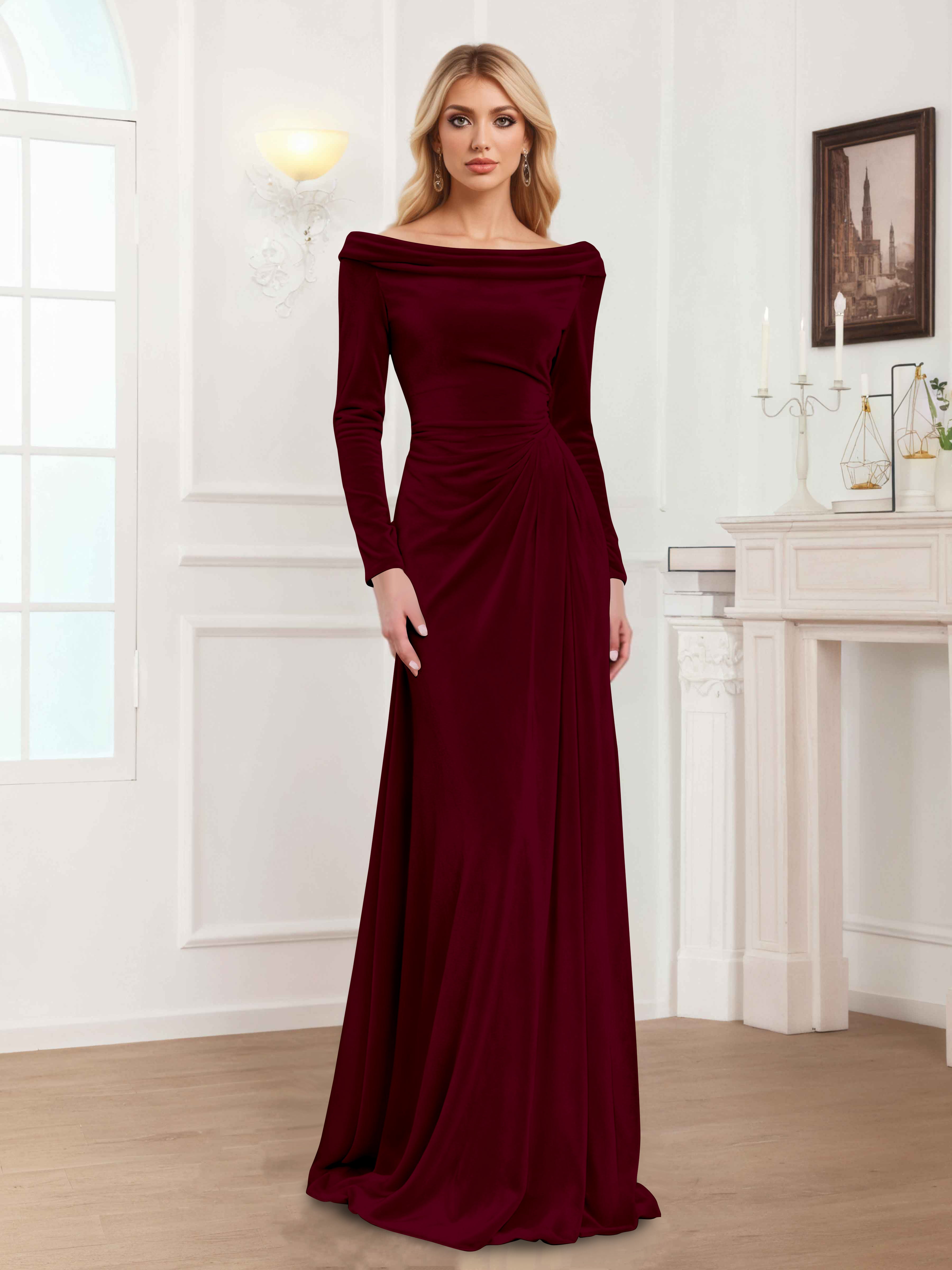 Robes Mère De La Mariée En Velours À Manches Longues Ruché Zanna