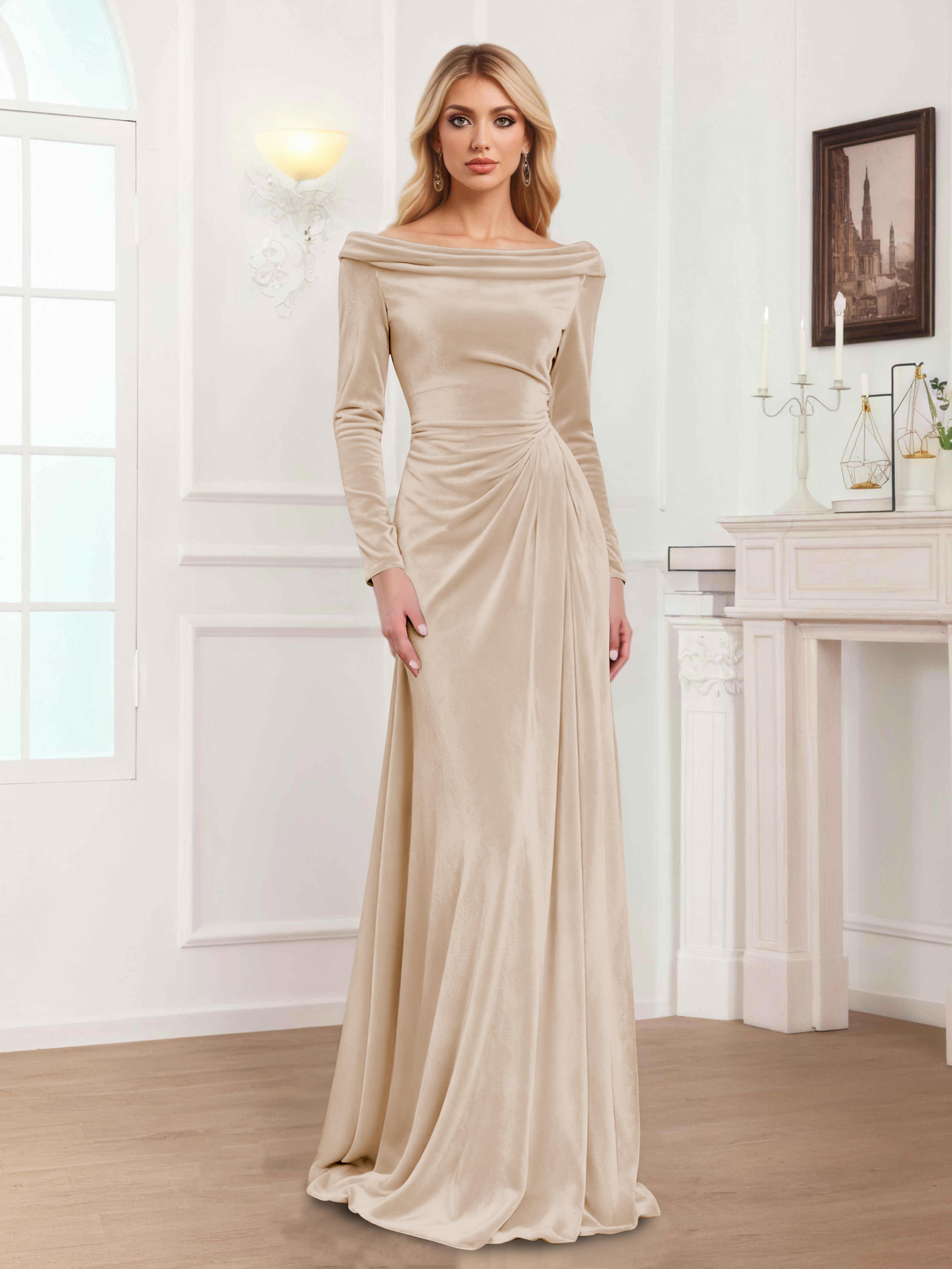 Robes Mère De La Mariée En Velours À Manches Longues Ruché Zanna