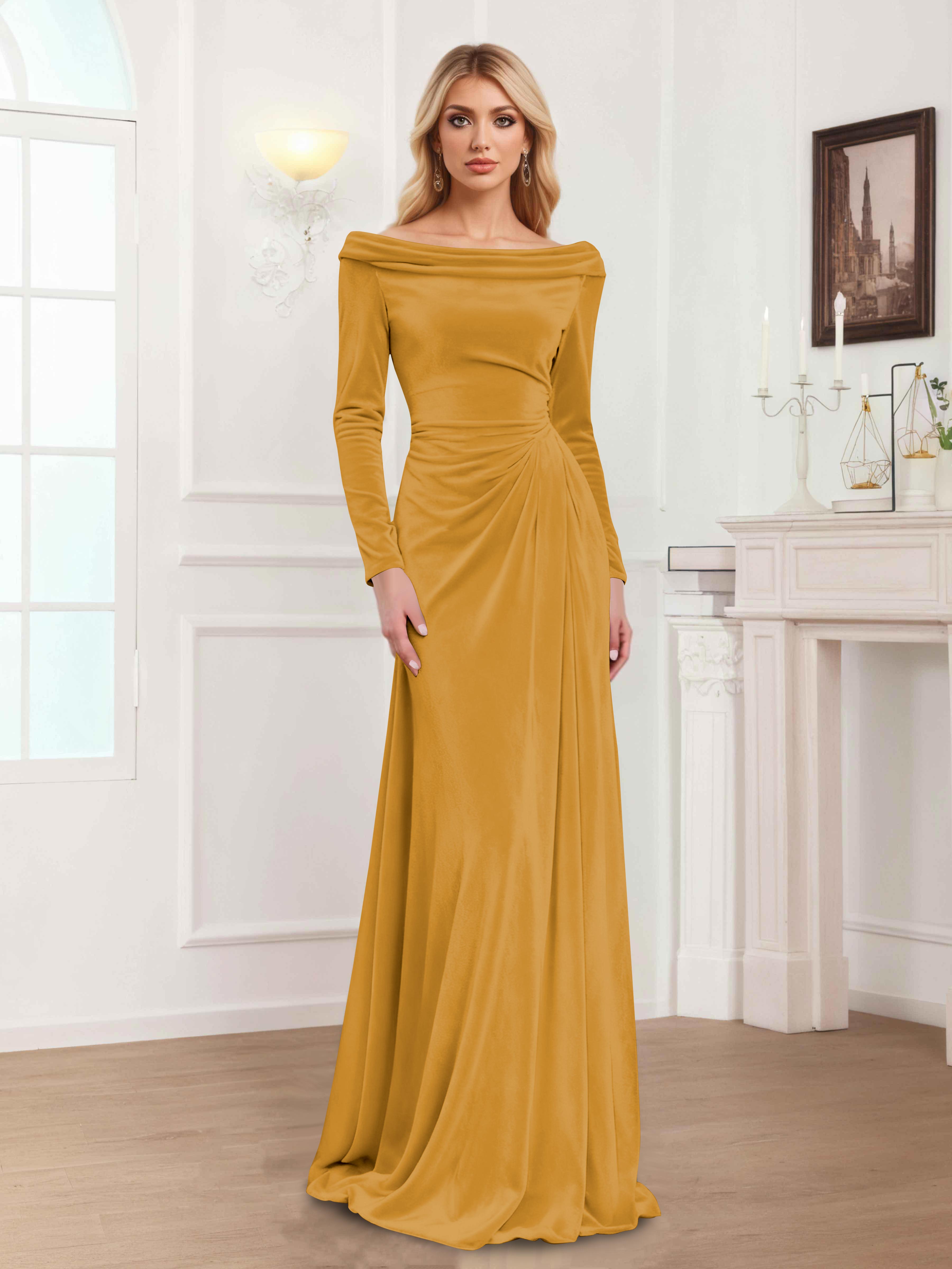 Robes Mère De La Mariée En Velours À Manches Longues Ruché Zanna
