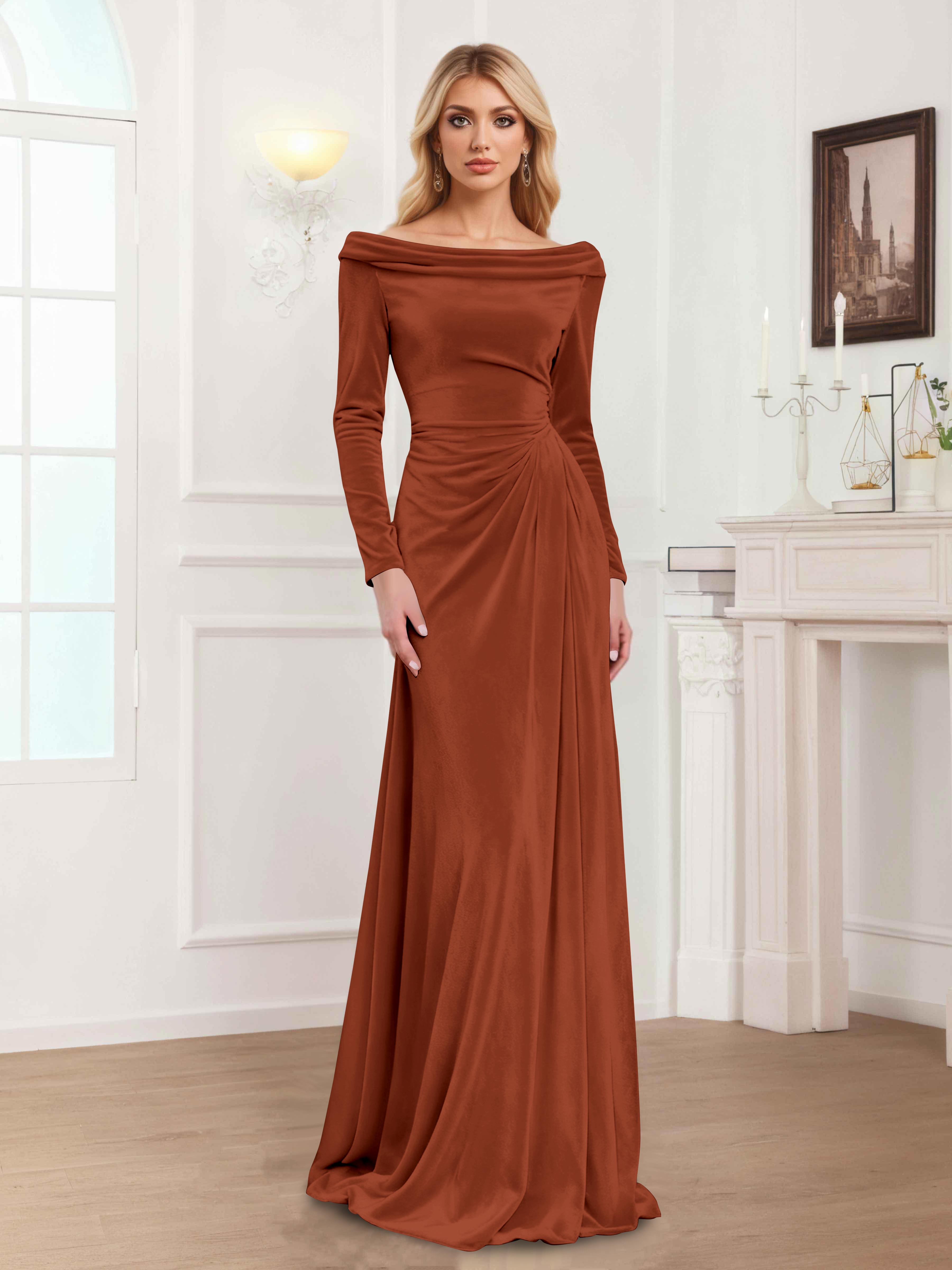 Robes Mère De La Mariée En Velours À Manches Longues Ruché Zanna