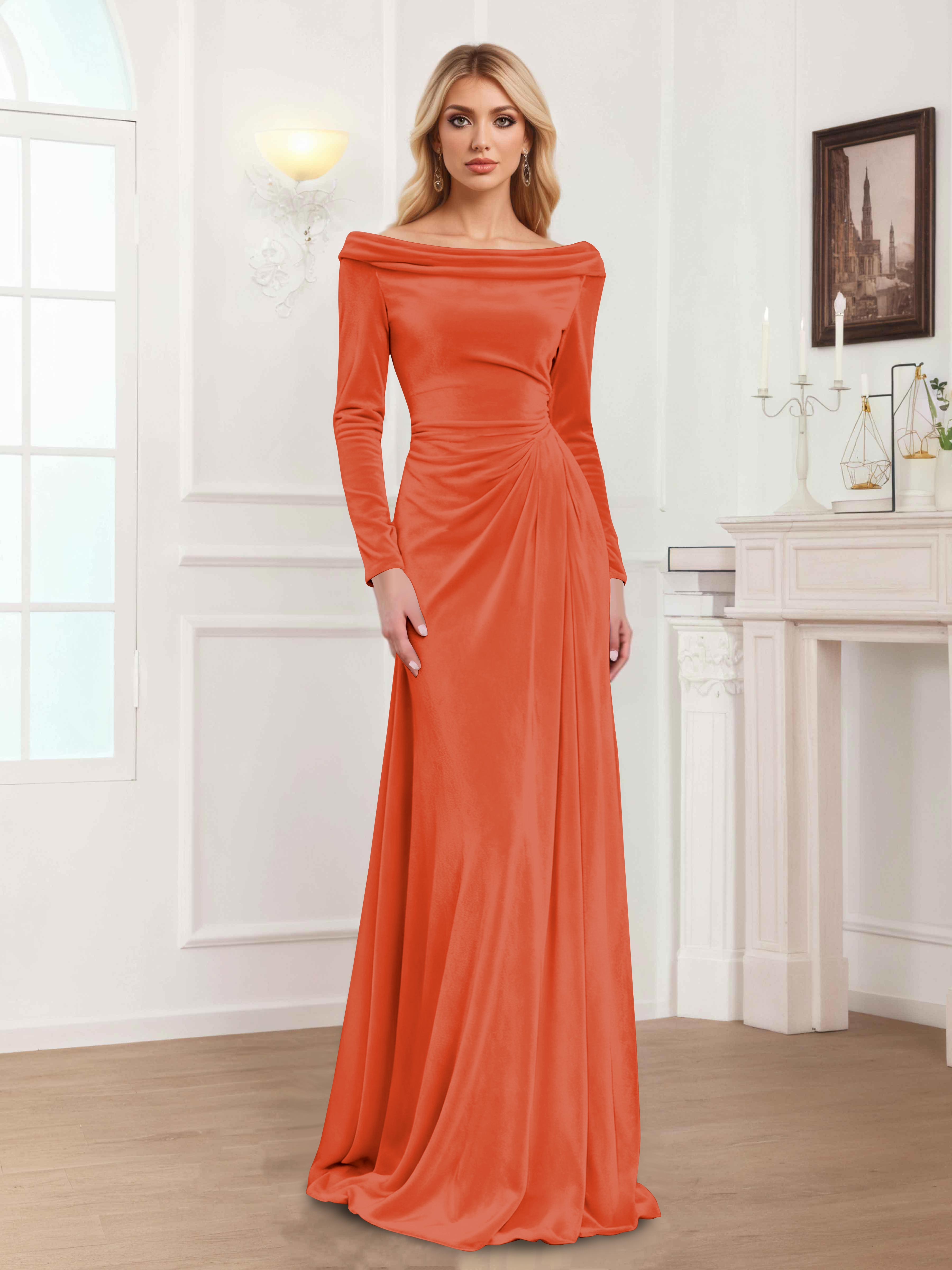 Robes Mère De La Mariée En Velours À Manches Longues Ruché Zanna