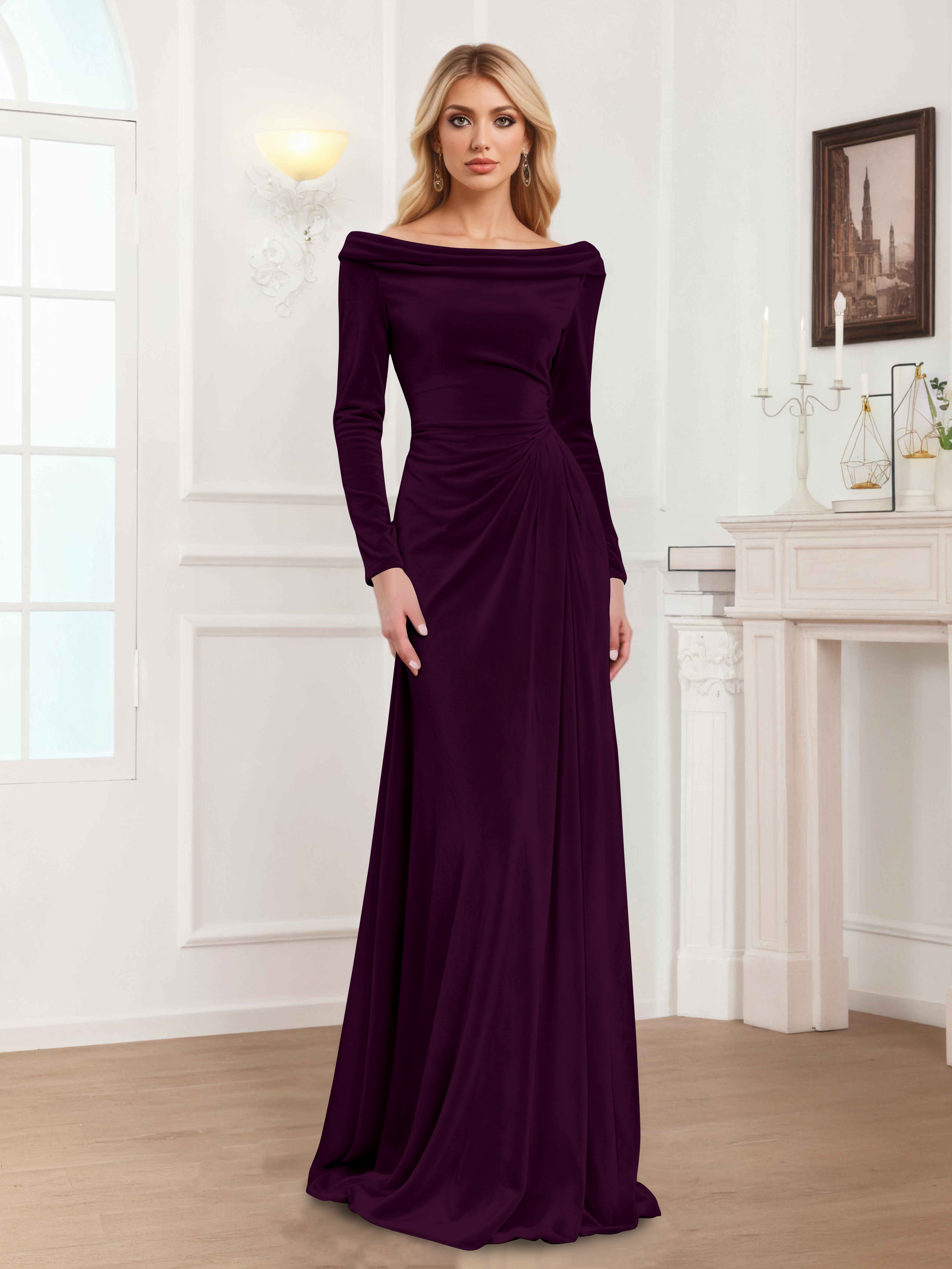 Robes Mère De La Mariée En Velours À Manches Longues Ruché Zanna