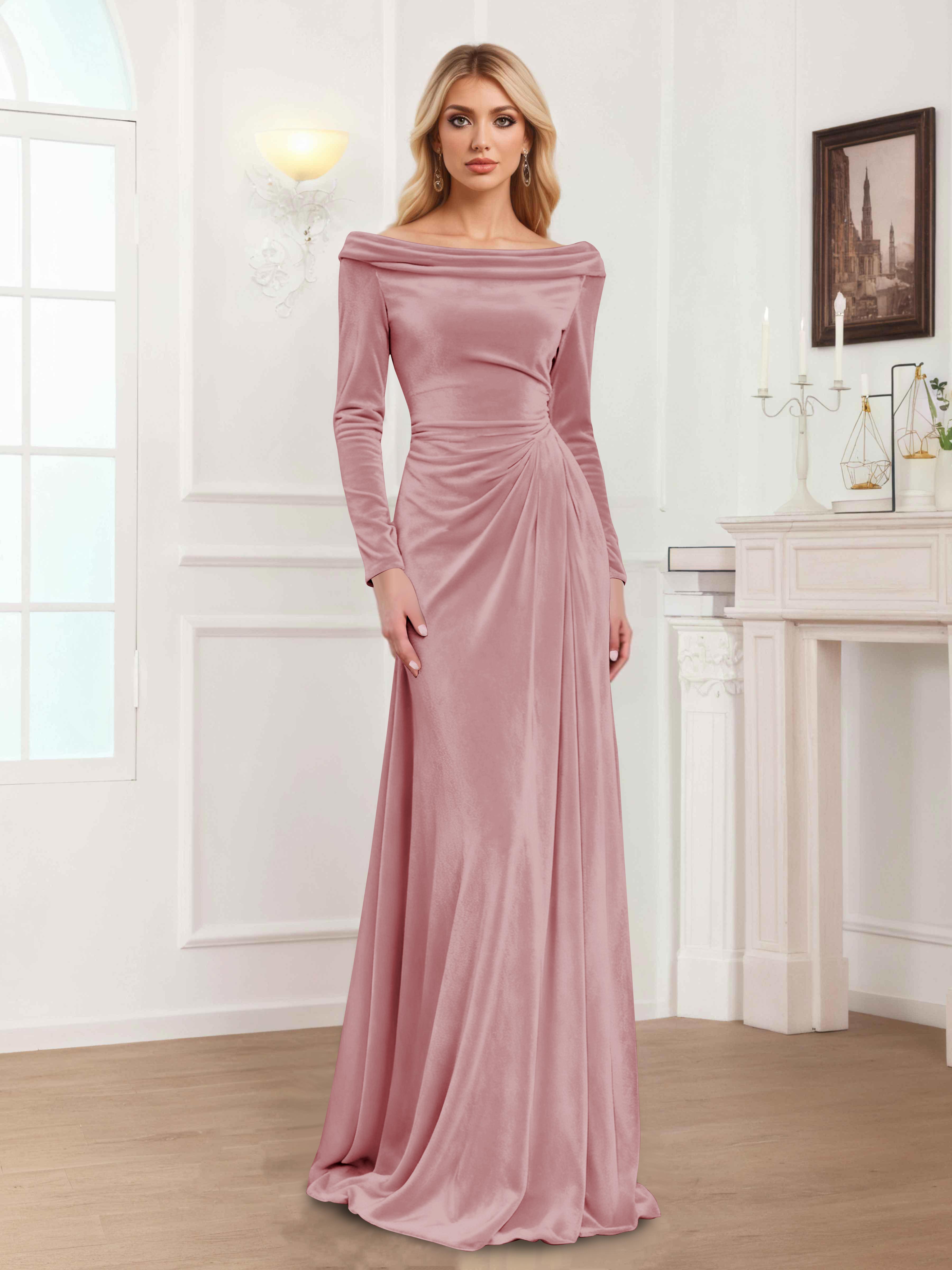 Robes Mère De La Mariée En Velours À Manches Longues Ruché Zanna